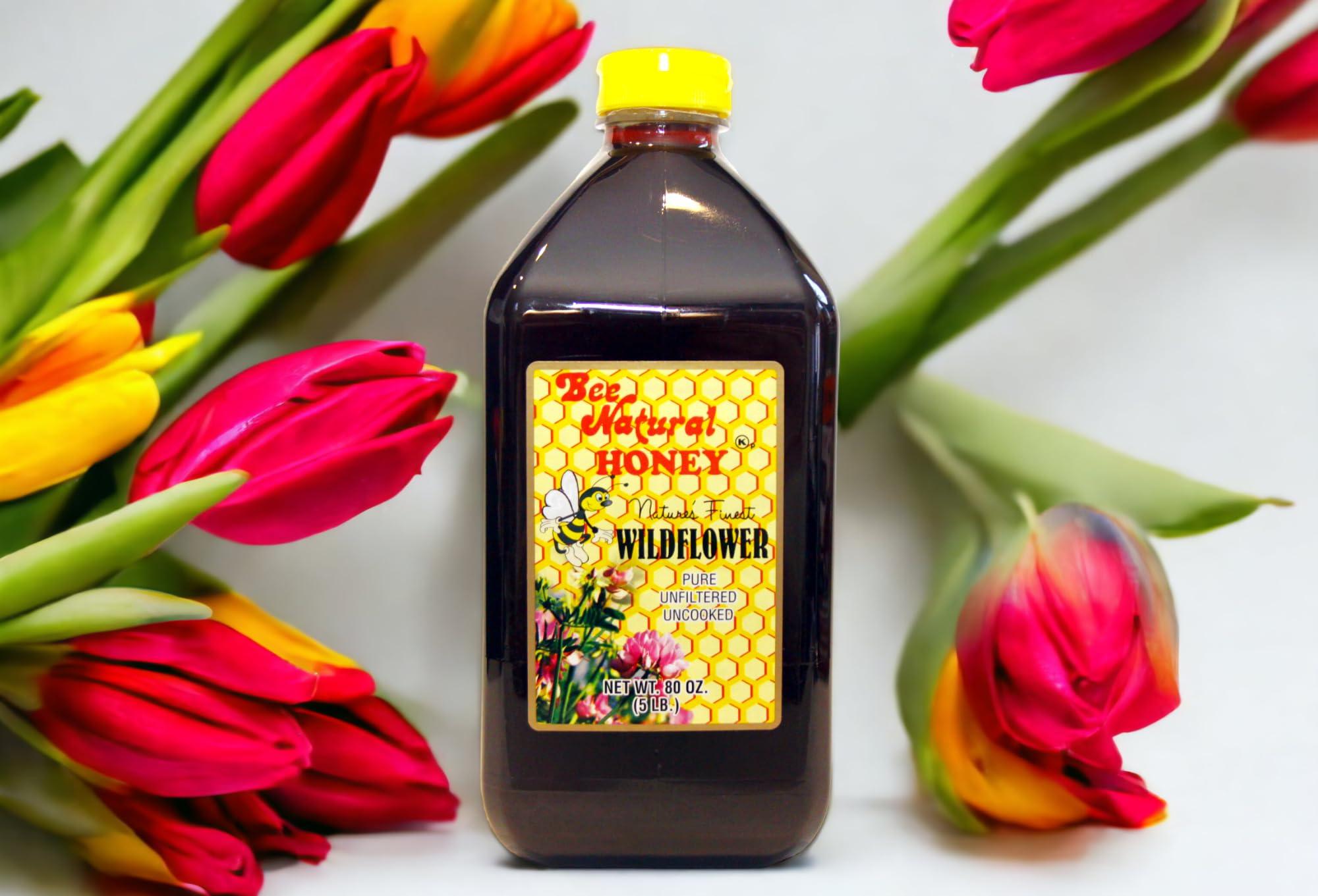 Bee Natural Honey Bee Natural South Florida Wildflower Honey - Natural, Pure, Unfiltered and Uncooked Honey | Kosher Certified | Ideal for Weddings, Events, Corporate Gifts, Travel, Baking, and Cooking (80 Ounce Jar - 5 LB)