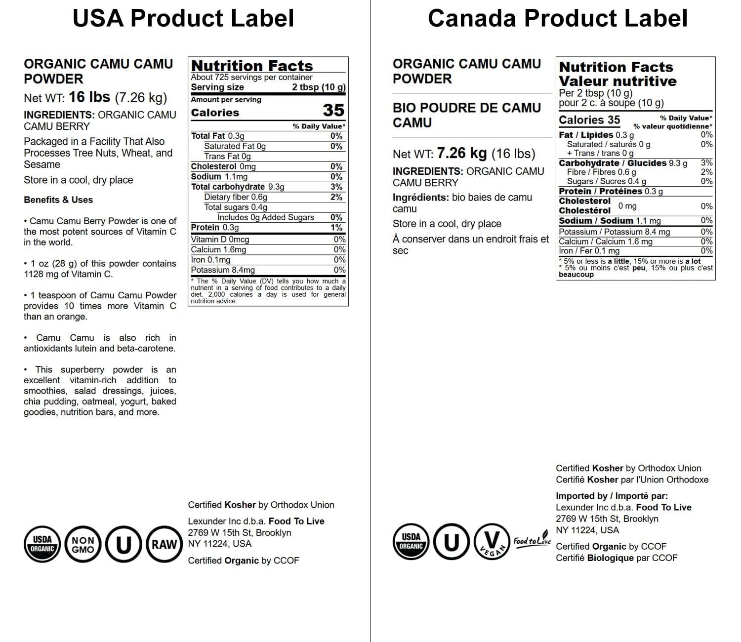 Food to Live Food to Live - Organic Camu Camu Powder, 16 Pounds - Non-GMO, Kosher, Raw, Vegan Superfood, Bulk, Non-Irradiated, Pure, Great for Baking and Drinks