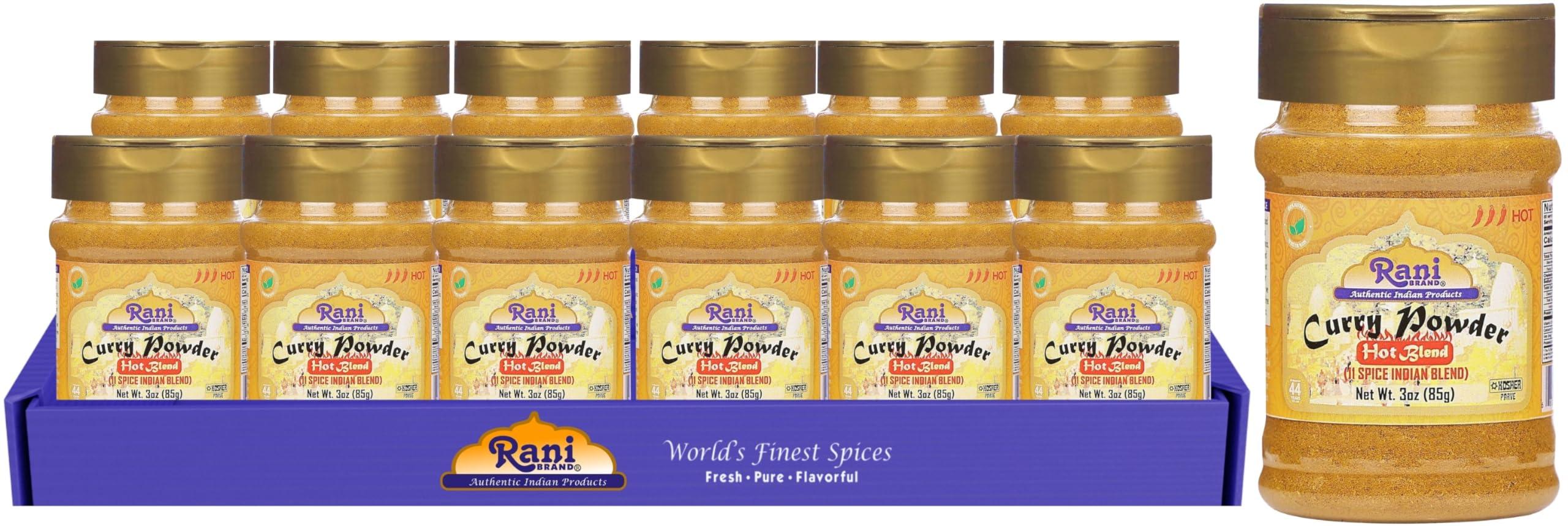 Rani Brand Authentic Indian Products Rani Curry Powder Hot (11-Spice Authentic Indian Blend) 3oz (85g) PET Jar, Pack of 12 ~ All Natural | Salt-Free | Vegan | No Colors | Gluten Friendly | NON-GMO | Kosher | Indian Origin