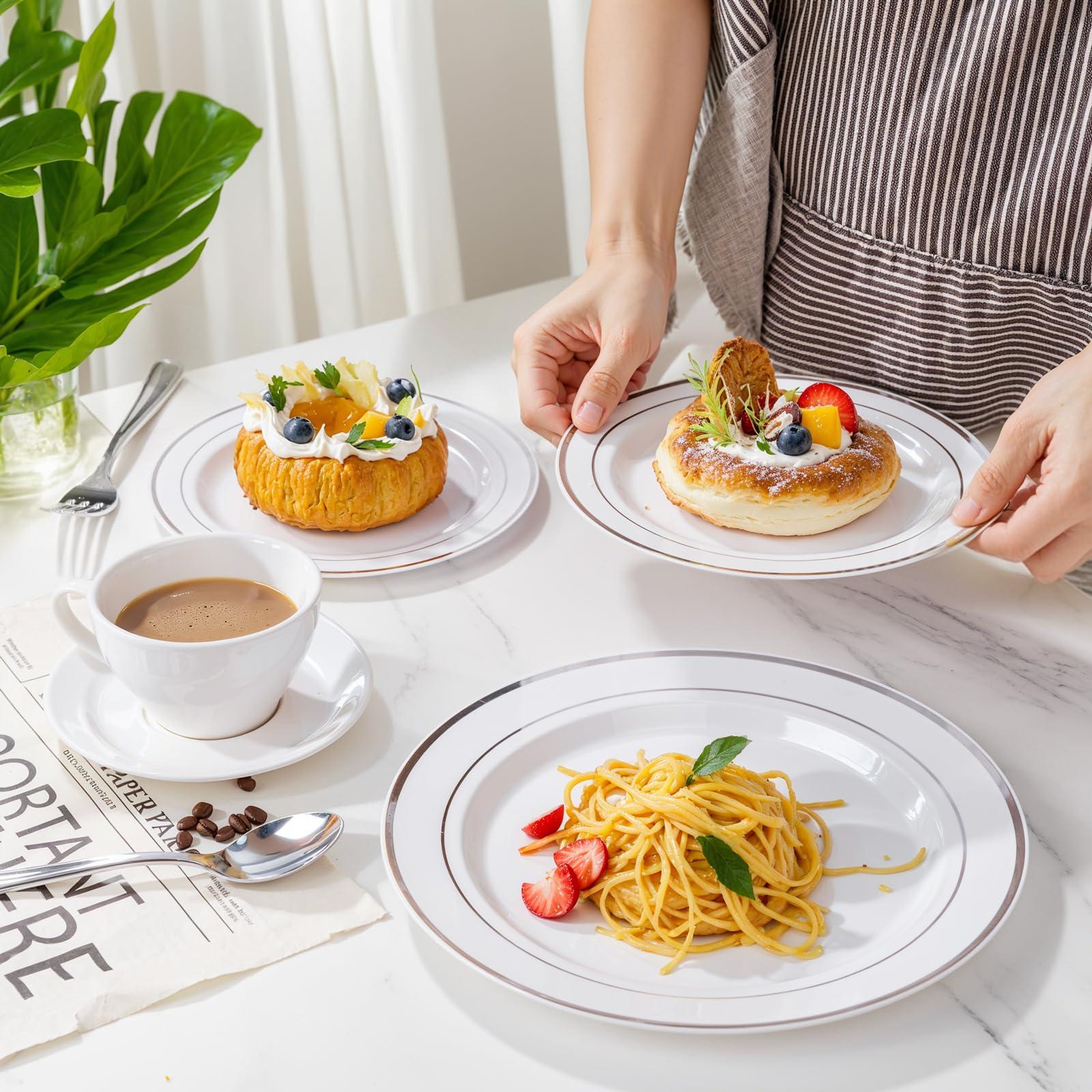 WDF Partyware WDF Partyware 350 Pcs Silver Plastic Plates - Silver Dinnerware Set of 50 Dinner Plates 50 Dessert Plates 50 Silverware 50 Napkins 50 Cups for Party&Wedding