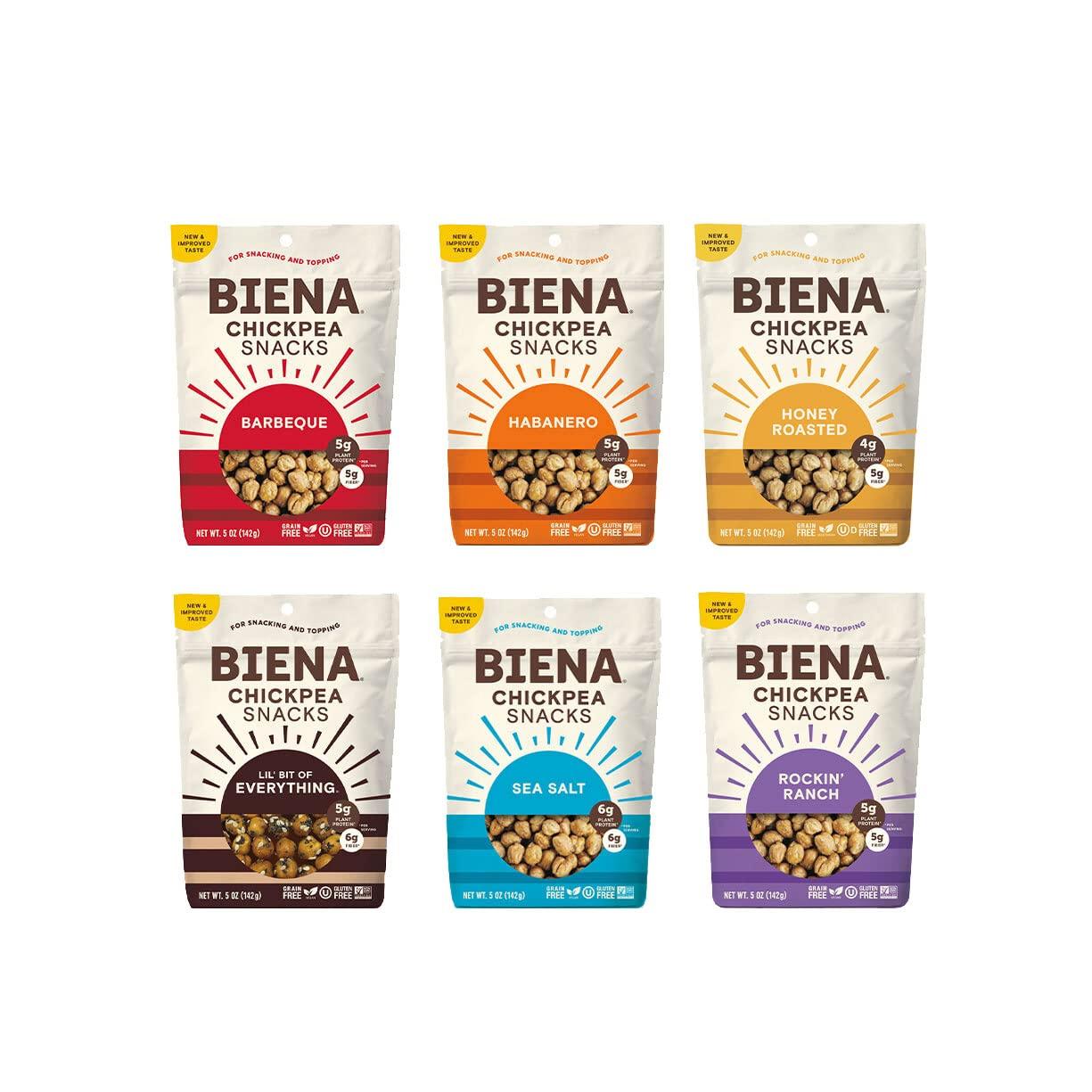 BIENA BIENA Chickpea Snacks - Crunchy Roasted Chickpeas - High Fiber Vegan Protein Snacks for Adults and Kids - 4-Pack, 5 Ounce Bags - Honey Roasted