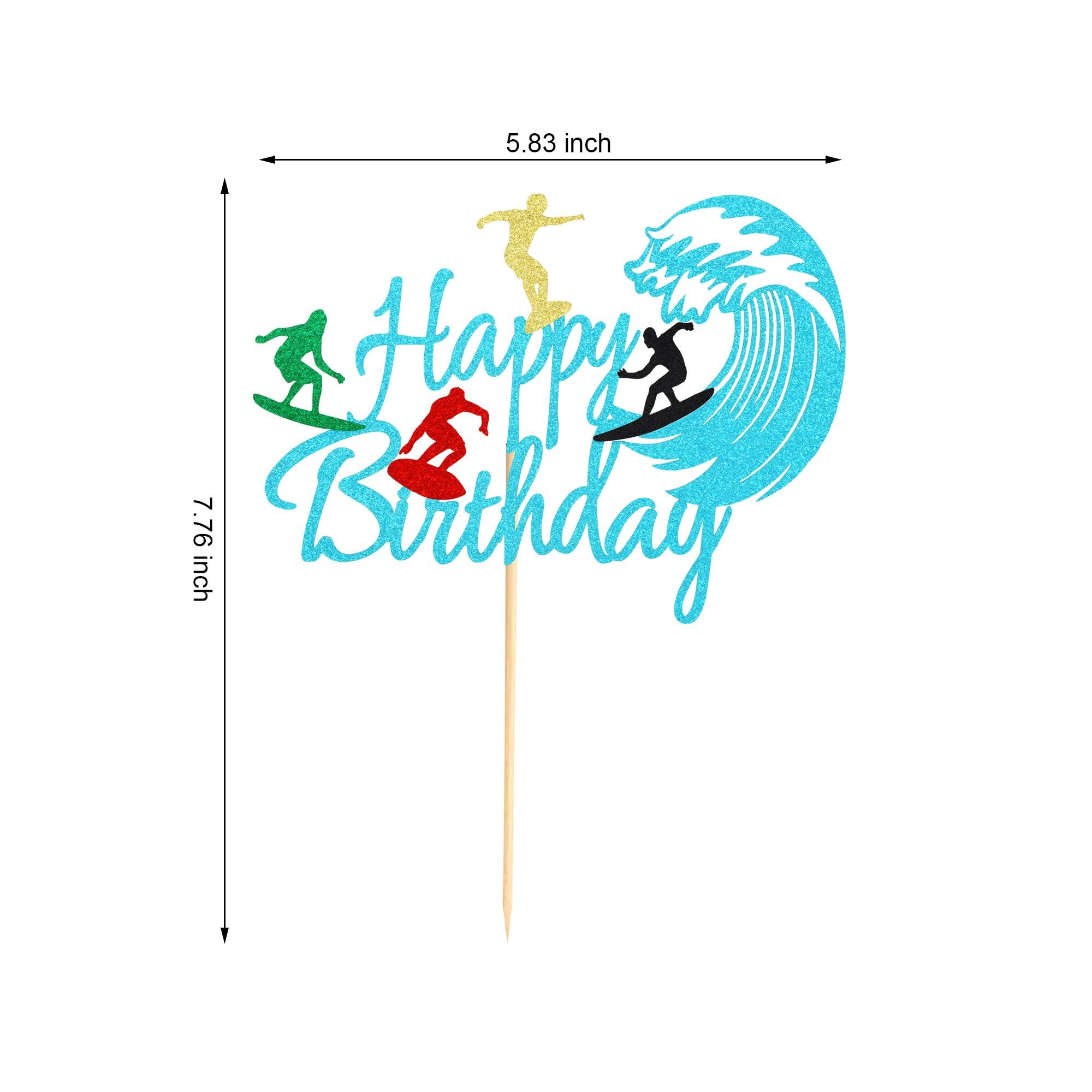 Arthsdite Arthsdite 1 Pc Surfing Happy Birthday Cake Topper, Surfboard Birthday Cake Topper for Summer Hawaii Beach Surfing Sports Surfer Themed Party Decorations - Blue Glitter