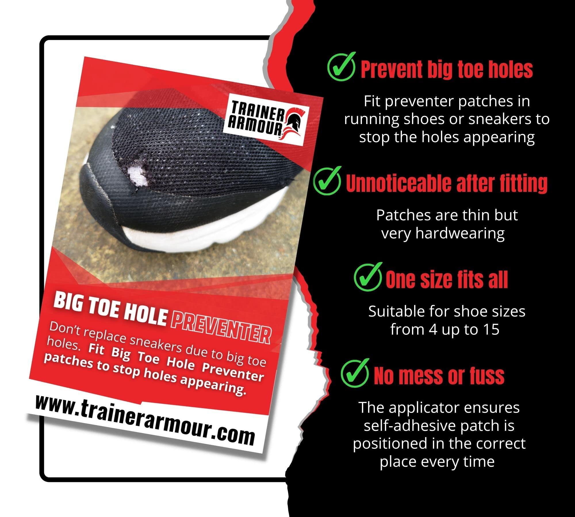 Trainer Armour Trainer Armour - Big Toe Hole Preventer, self-Adhesive Patches with a Clever applicator. Shoe Toe Burst Toe Box Blowout Prevention Insert, Toe Hole Area Repair Patch. for Running Shoes and Sneakers.