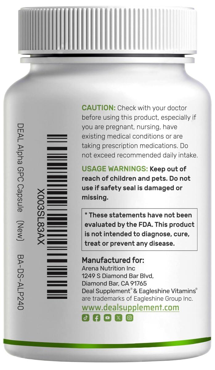DEAL SUPPLEMENT DEAL SUPPLEMENT Alpha GPC 600mg Per Serving, 240 Capsules Bioavailable Choline Replenishment Nootropic Brain Health Supplements for Memory and Focus Non-GMO, Gluten Free