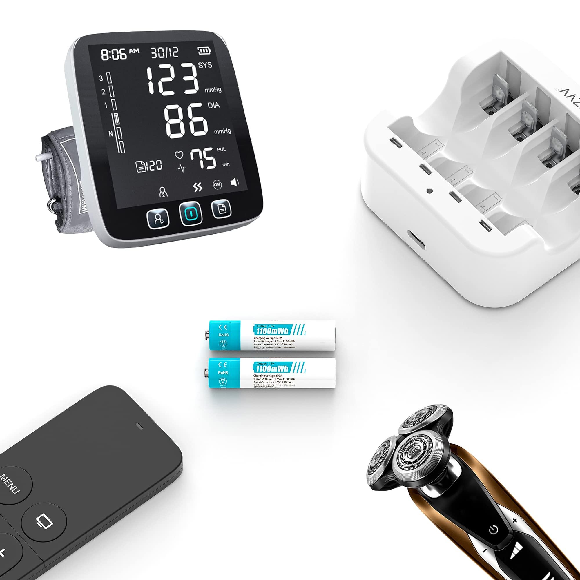 czvv Rechargeable AAA Lithium 1.5V Batteries - Full-Recharged 4 Pack with 2H Ultra Fast Charger for Household Office Devices, Long-Lasting High-Capacity 1100mWh, Cycle Times up to 1300x, Constant Output