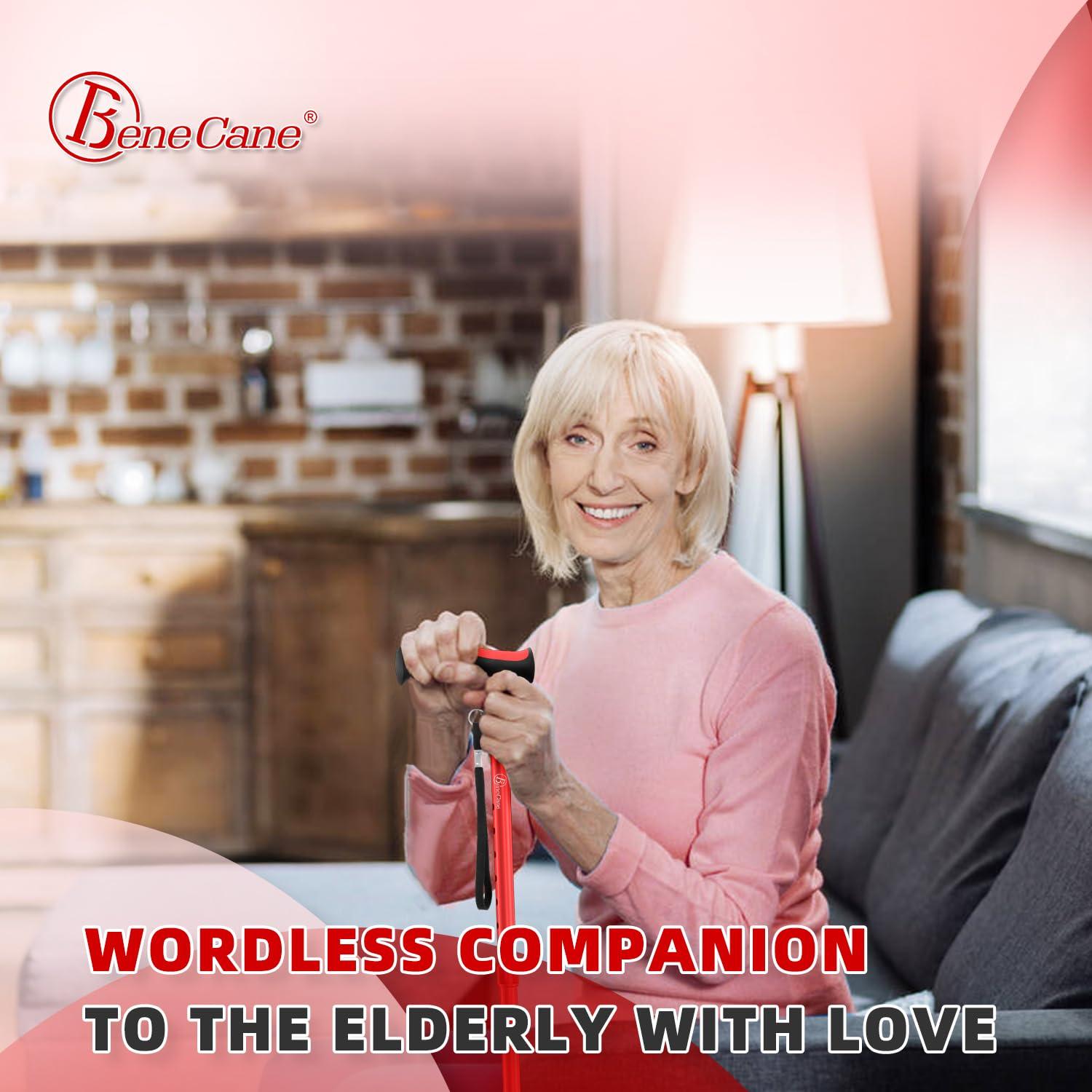BeneCane BeneCane Walking Cane for Men & Women Walking Stick for Seniors Folding Canes Quad Cane Adjustable Lightweight Sturdy Collapsible Heavy Duty with Soft TPR T-Handle and Travel Bag