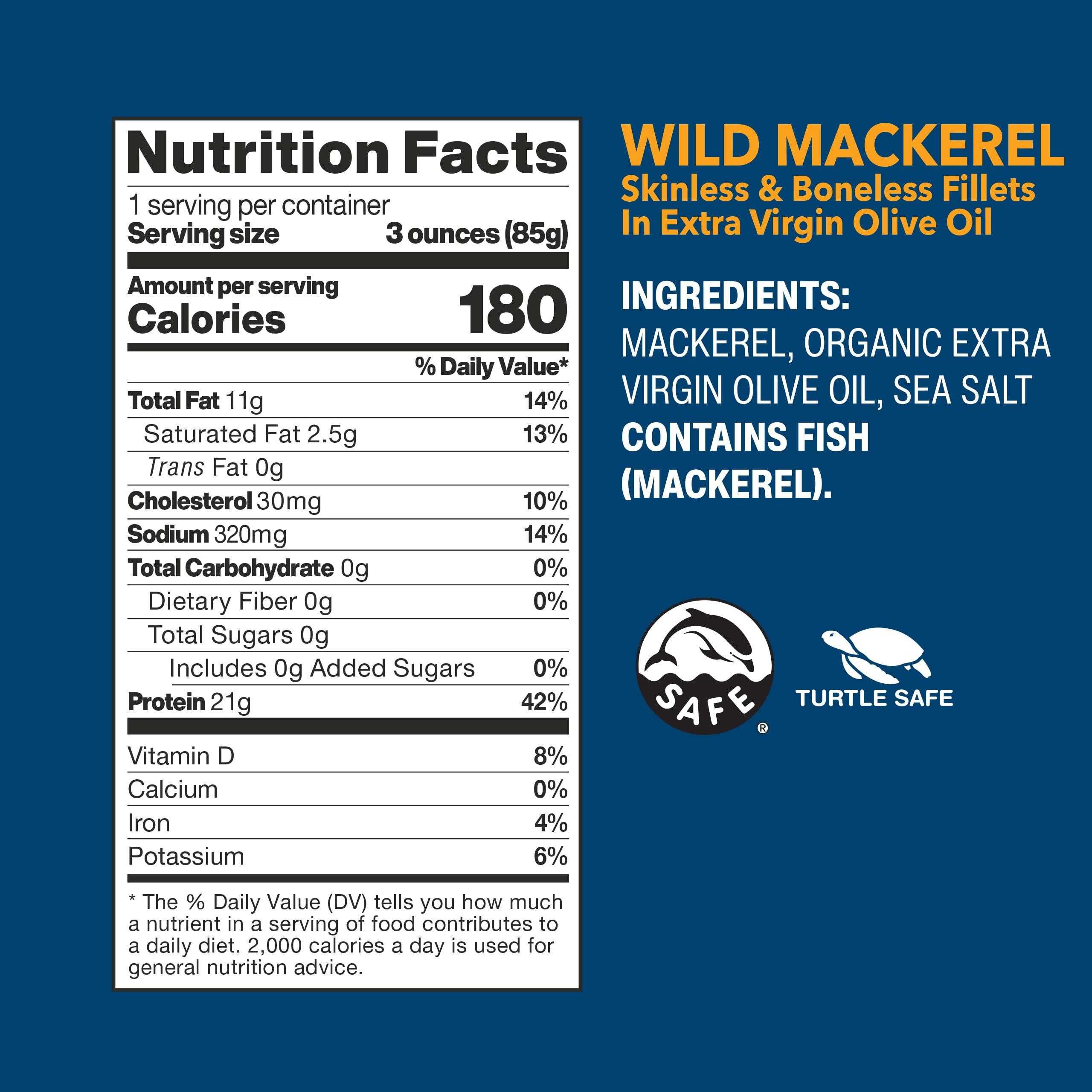 Wild Planet Wild Planet Skinless Boneless Mackerel Fillets in Organic Extra Virgin Olive Oil, Tinned Fish, Sustainably Caught, Non-GMO, Kosher, Gluten Free, Keto and Paleo, 4.4 Ounce Single Unit