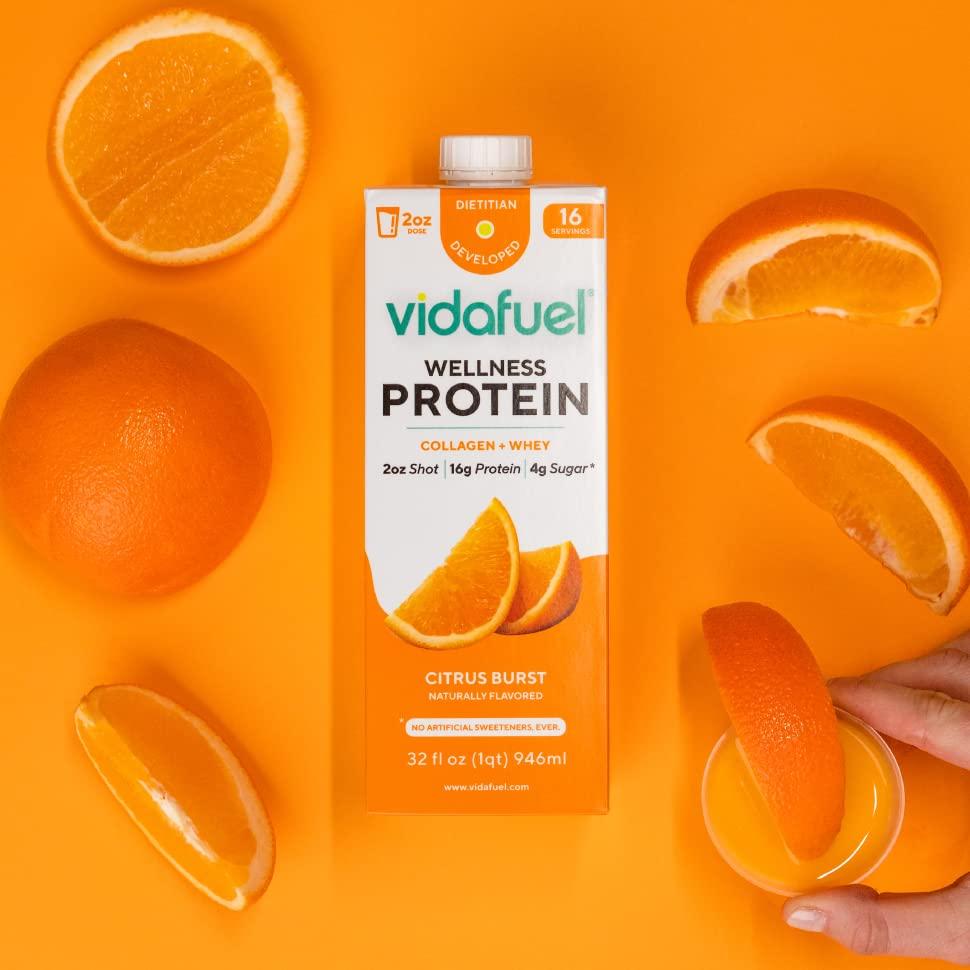 VIDAFUEL Vidafuel Protein Drink, 16g Protein Per 2oz Shot, 32 fl oz Carton, Citrus, Collagen and Whey Drink, No Artificial Sweeteners