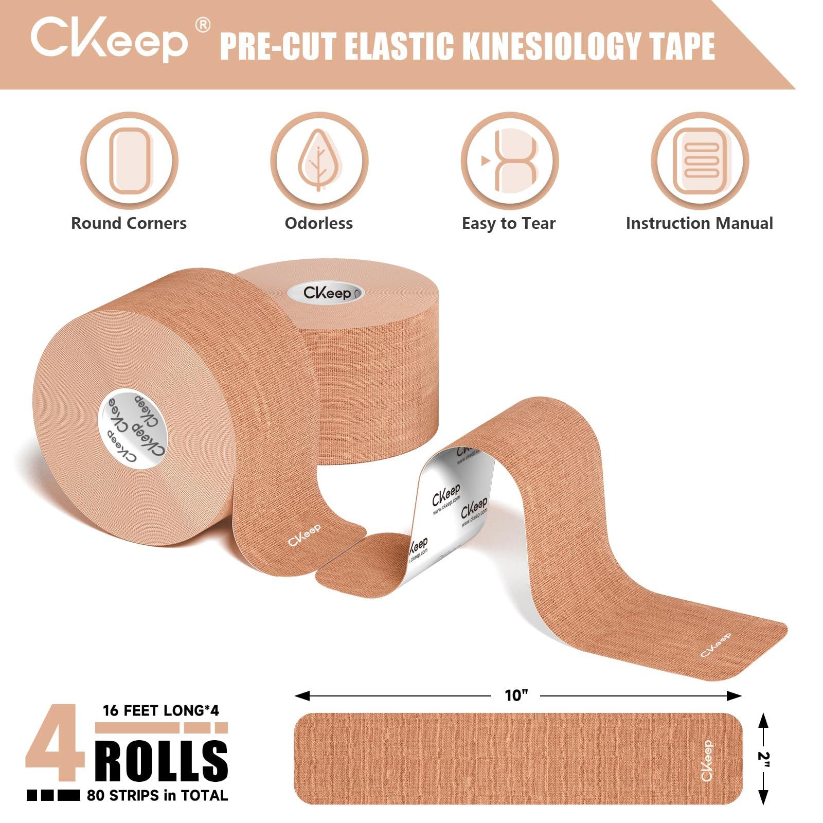 CKeep CKeep 4 Rolls Kinesiology Tape, Original Cotton Elastic Athletic Tape, 20 Precut 10\" Strips Each, Beige, Ideal for Muscle Support & Injury Prevention