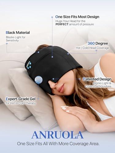 ANRUOLA Migraine Relief Cap with Bluetooth Headphones, Sleep Headphones, Wireless Headache Relief Cap, Soothing Headache Ice Pack Mask Products, Face Cold Compress Head Wrap for Tension, Stress & Sleep