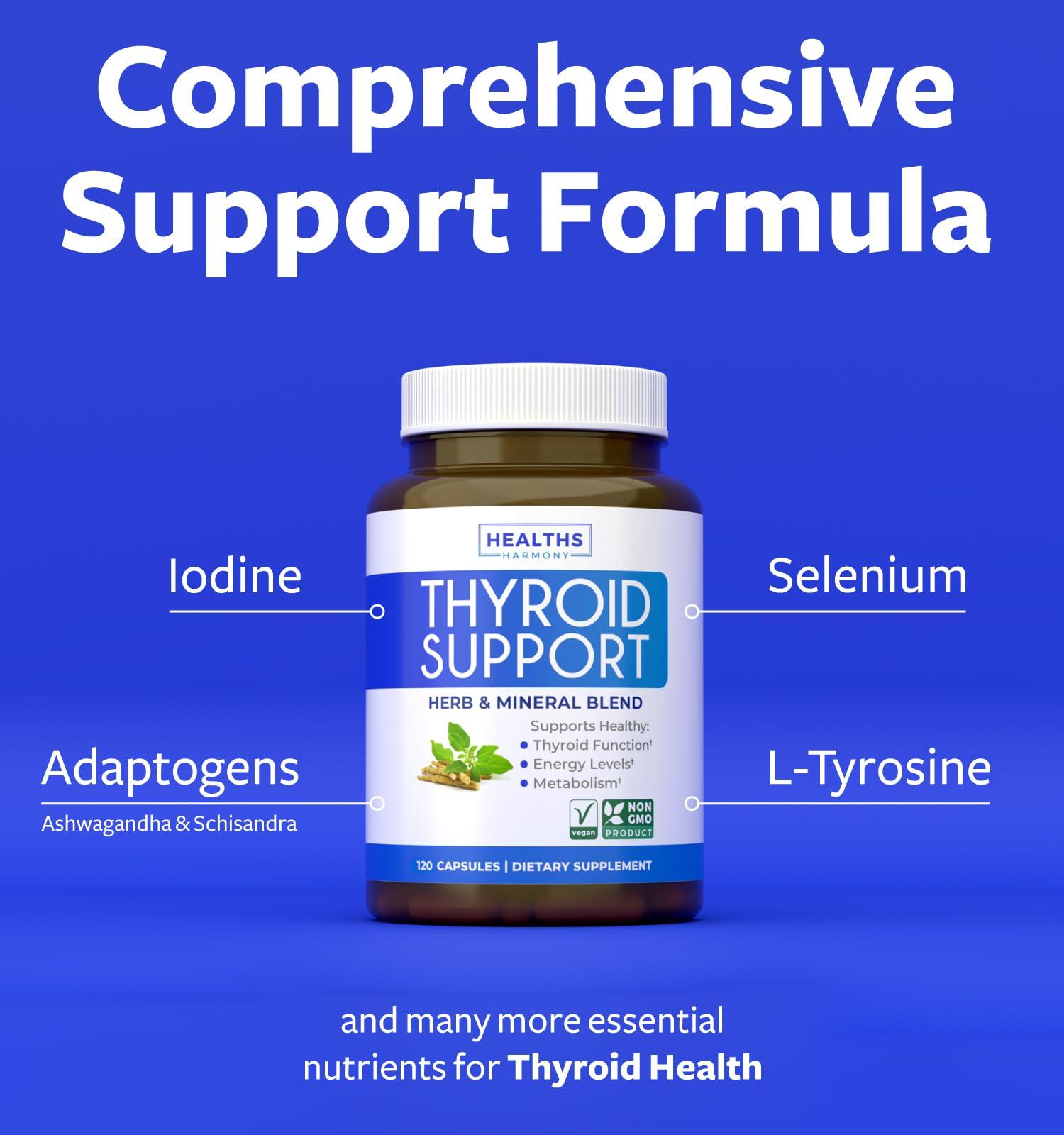 Healths Harmony Thyroid Support with Iodine - 120 Capsules (Non-GMO) Improve Your Energy - Ashwagandha Root, Zinc, Selenium, Vitamin B12 Complex - Thyroid Health Supplement for Women and for Men - 60 Day Supply