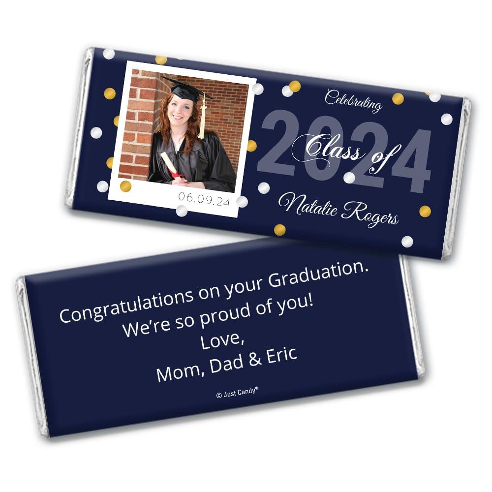 Just Candy 36ct Personalized Graduation Party Favors Engraved Chocolate Bars with Photo (36 Count) - Navy Blue