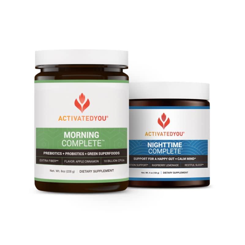 ACTIVATEDYOU ACTIVATEDYOU Morning Complete Daily Wellness Drink (Apple Cinnamon) Nighttime Complete (Raspberry Lemonade) with Prebiotics, Probiotics, and Green Superfoods, 30 Servings