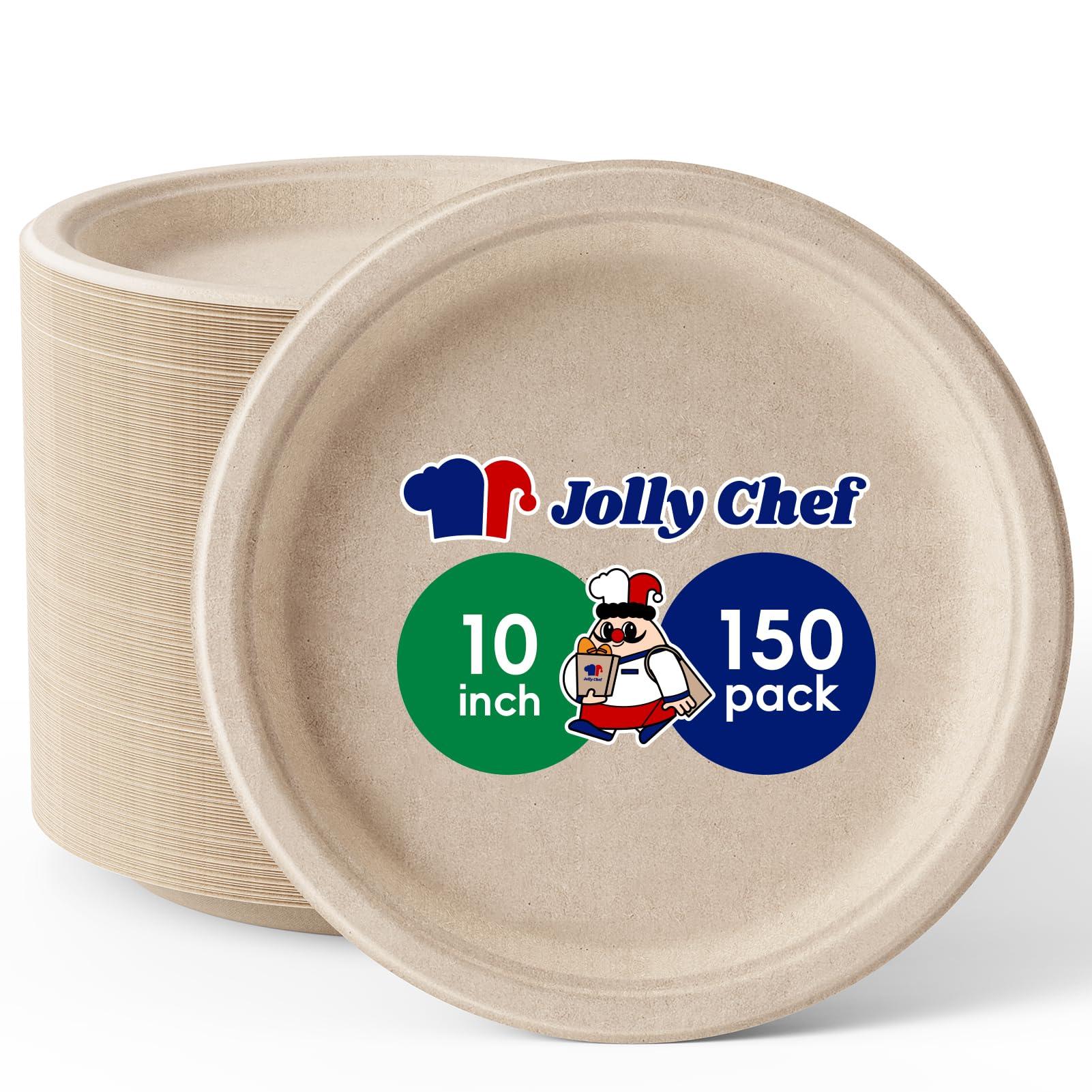 JOLLY CHEF JOLLY CHEF Compostable Heavy Duty Plates 10 Inch [150 Pack] Eco-Friendly Disposable Natural Paper Plates Bagasse Biodegradable Plates Bulk for Party Dinner Sugarcane Fibers Round Plates(Brown)