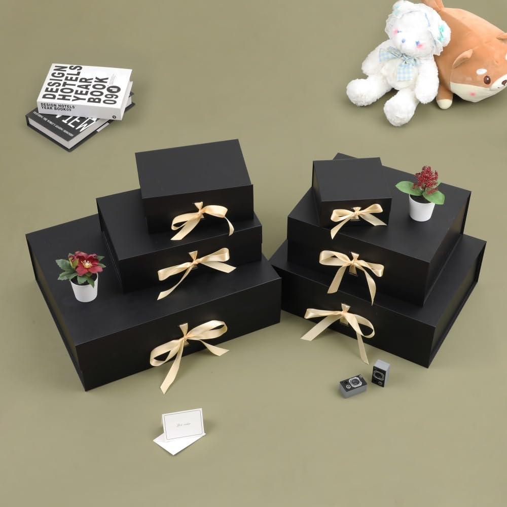 BoxSkivra Large Gift Boxes with Lids 5 Pack 13X11X5.3 Inch Large Black Gift Box with Ribbon Foldable Gift Boxes for Presents Easter Gift Box Groomsman Proposal Box Shredded Paper for Gift Box with Cards
