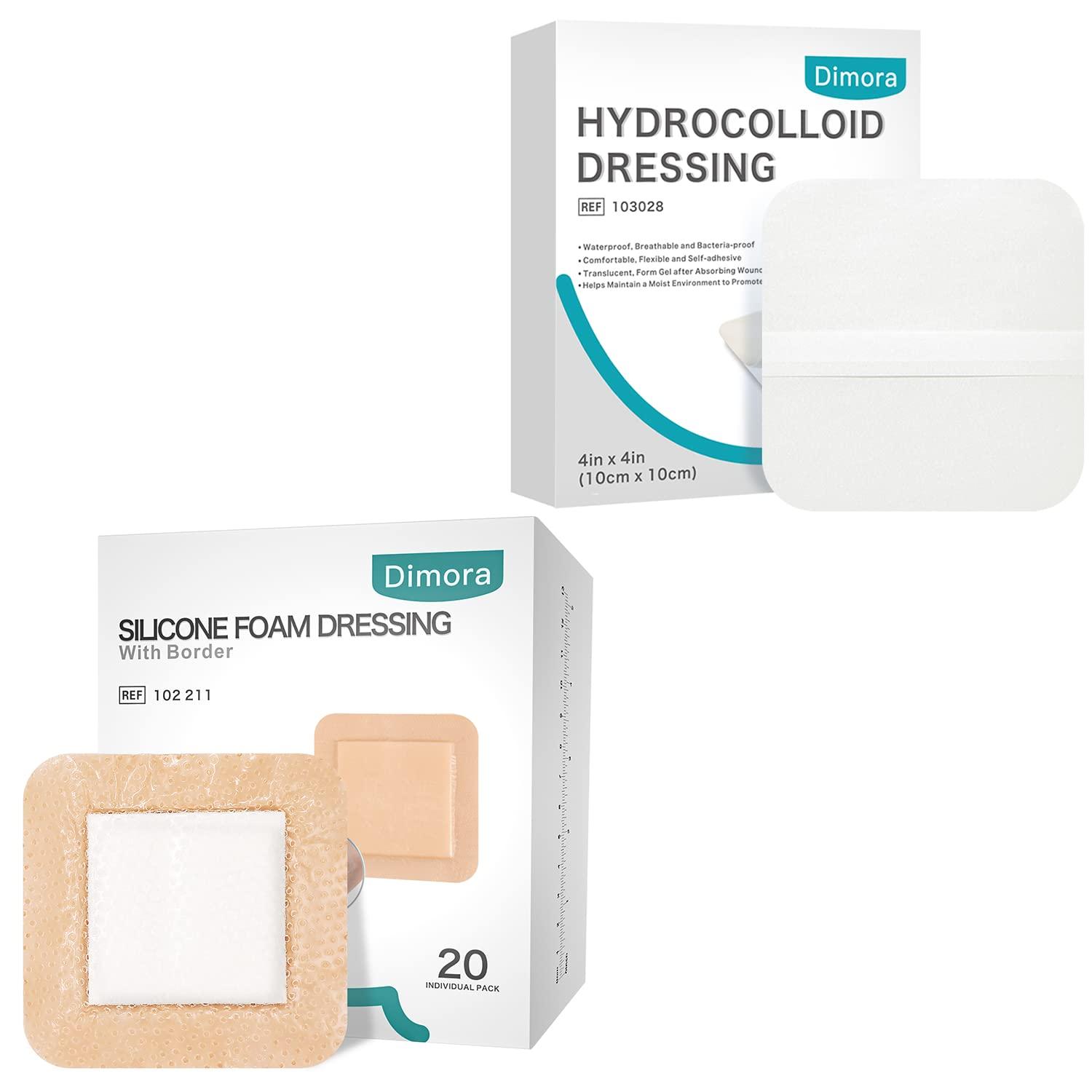 Dimora Dimora Hydrocolloid Dressing 4\" x 4\" 10 Pack 0.5mm Thick + Silicone Foam Dressing with Border 20 Pack Adhesive 4\"x4\"