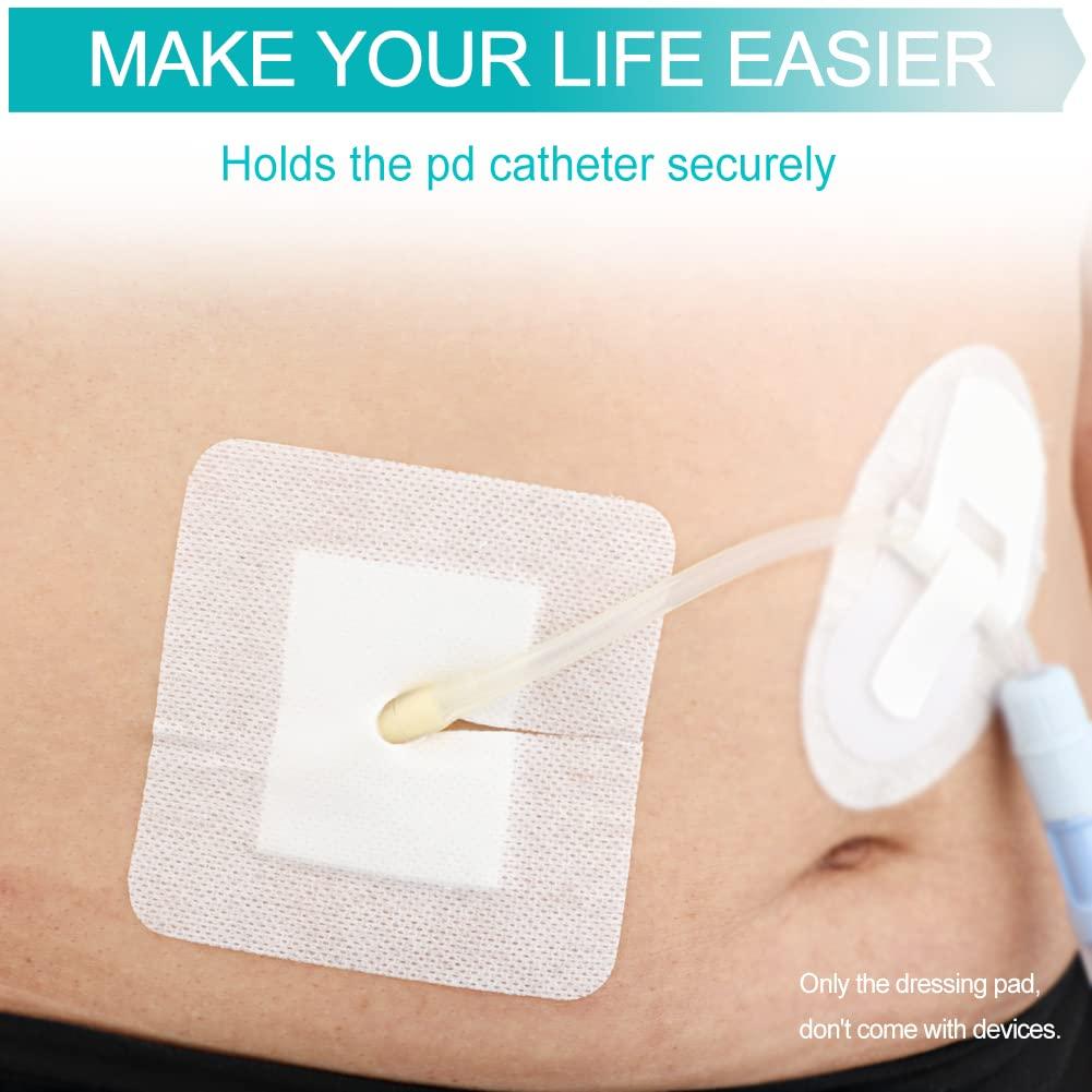 GoToHere Feeding Tube Adhesive Wound Dressing Sponge Split Drain Bandage for Peg G J Supra-Pubic Incision Bordered Guaze Pad Off-Cut Catheter Stabilization Device Holder Post Surgery 4\"X4\", Pack of 20