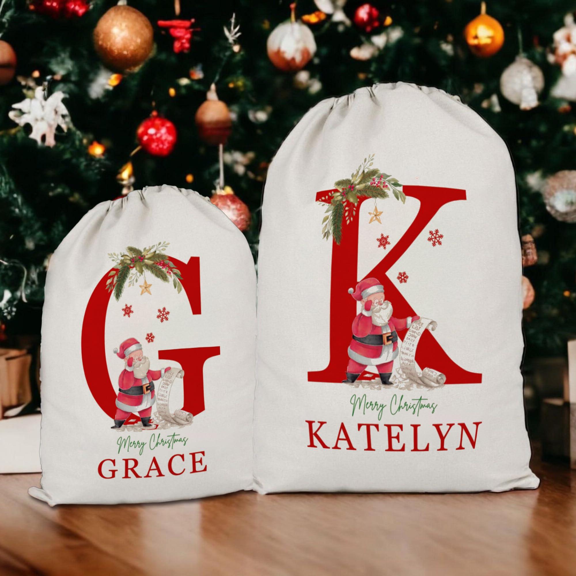 Magic Lunar Set of 4 - Personalized Santa Sack with Initial & Name for Kids Custom Christmas Gift Bags for Holiday Presents Christmas Eve Box Large Sack Bags