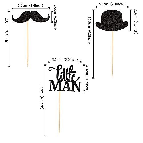 ZHUOWEISM 36 PCS Little Man Cupcake Toppers Black Glitter Hat Mustache Cupcake Picks for Baby Shower Boys Birthday Party Cake Decorations Supplies