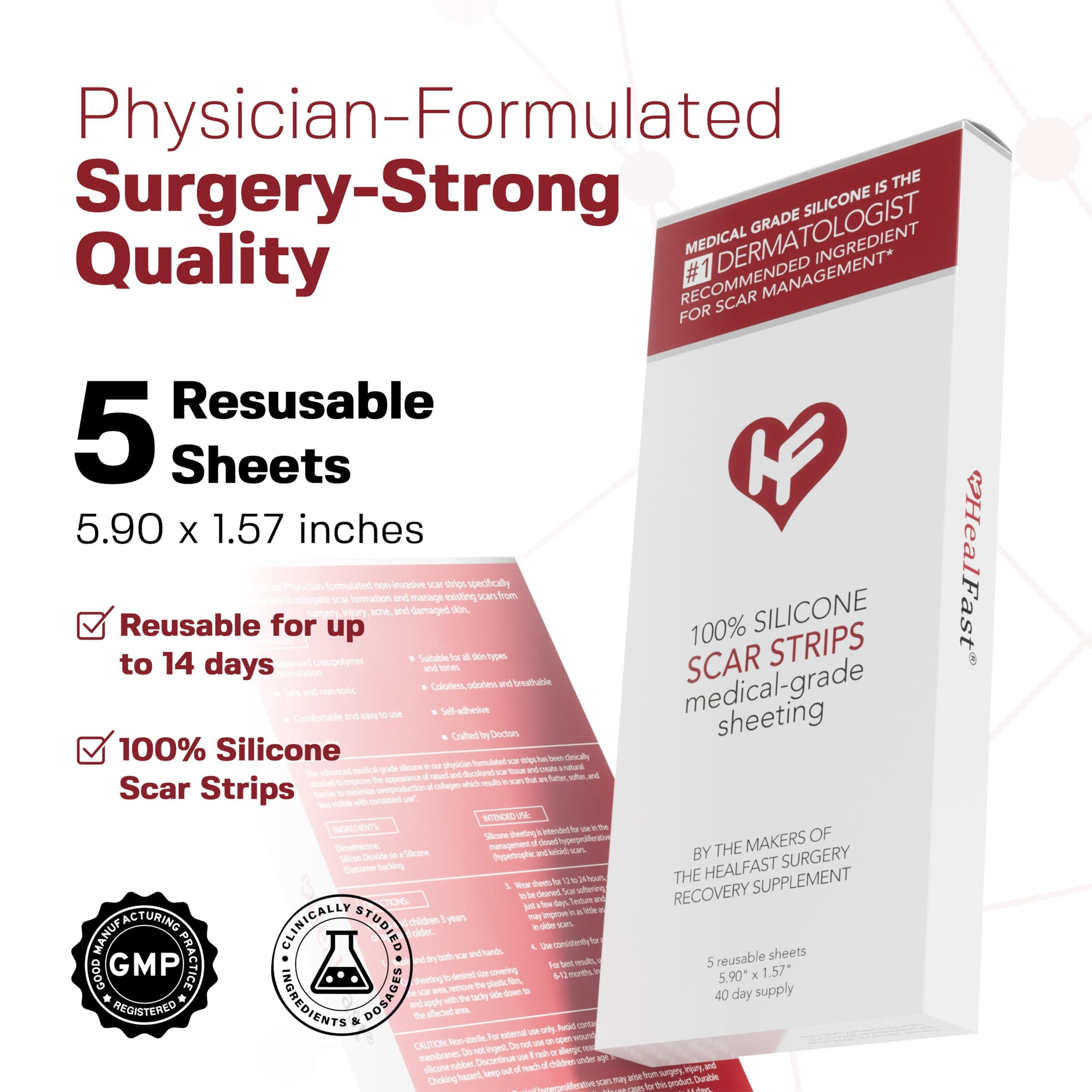 HealFast Physician Formulated Silicone Scar Sheets - Advanced Crosspolymer Medical Grade Silicone Scar Strips for Surgery, C Section, Keloids & Hypertrophic Scars - Silicone Tape For Scars (5 Sheets)
