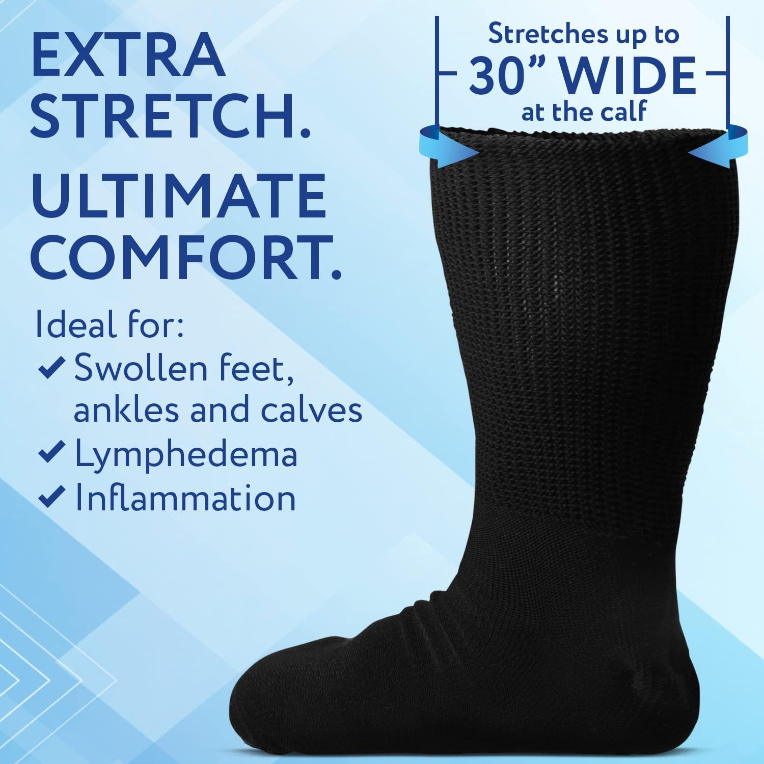 IMPRESA IMPRESA [4 Pairs Extra Width Socks for Lymphedema - Bariatric - Oversized Stretches up to 30\'\' Over Calf for Swollen Feet - One Size Unisex Black 2 Pairs Regular and 2 Pairs With Non Skid Grips