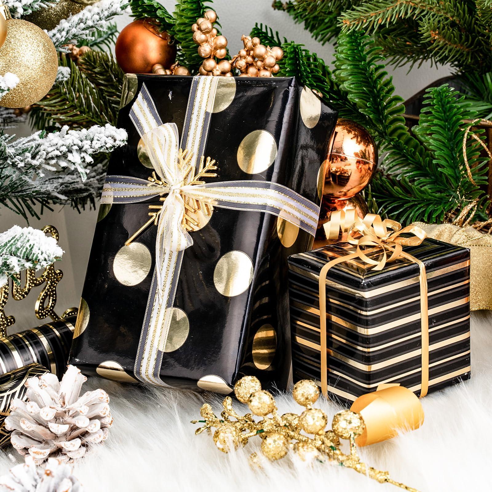 LeZakaa LeZakaa Black Gold Wrapping Paper - Mini Roll - Peacock Feathers/Stripe/Dot Design for Birthday, Wedding, Bridal Shower - 17 x 120 inches - 3 Rolls (42.5 sq.ft.ttl.)