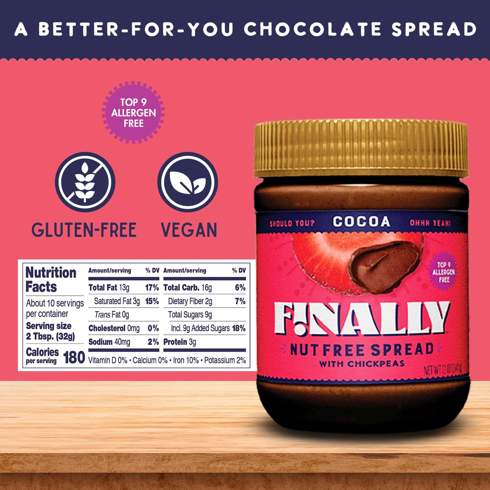 Finally! Finally Nut-Free Cocoa Spread | Allergen-Free Chocolate Spread with 50% Less Sugar than Leading Brands | Made with Chickpeas | Nut-Free, Plant-Based, Vegan | Gluten-Free, Dairy-Free, Soy-Free | School-Safe | 3g Protein | 12 oz