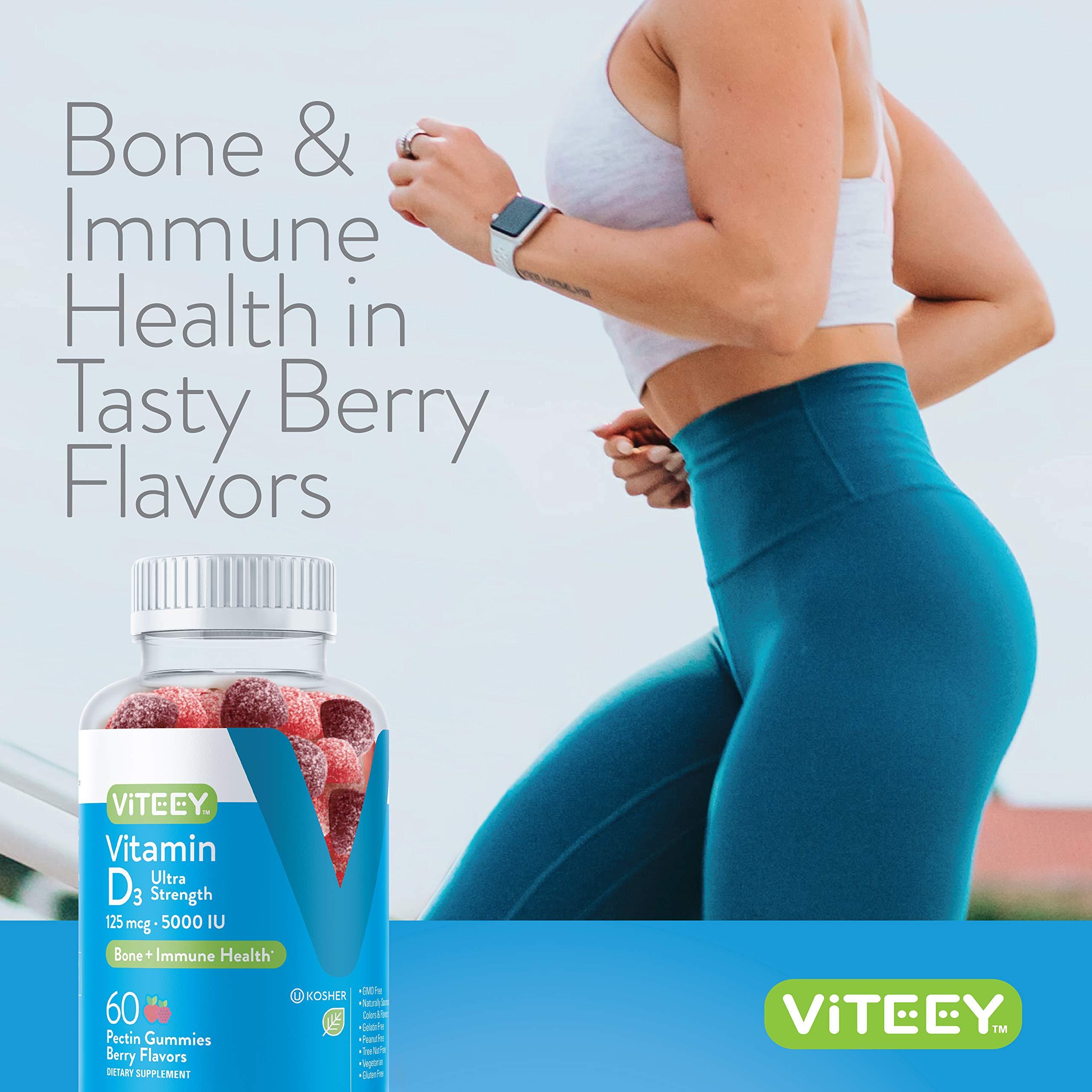 Viteey Vitamin D3 Gummies for Adults & Teens - 5,000 IU, 125mcg, Ultra Strength - Joint & Muscle Health, Immune Boost - Chewable Vitamin D Gummies - Vegetarian, Gelatin Free - Tasty Berry Flavored Gummy