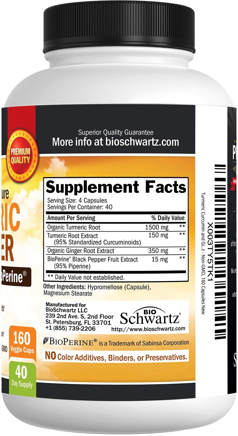 BioSchwartz Turmeric and Ginger Supplement with BioPerine - 2000mg High Absorption, 95% Curcuminoids - Non-GMO, Gluten-Free Turmeric Supplement for Joint and Immune Support - 160 Capsules