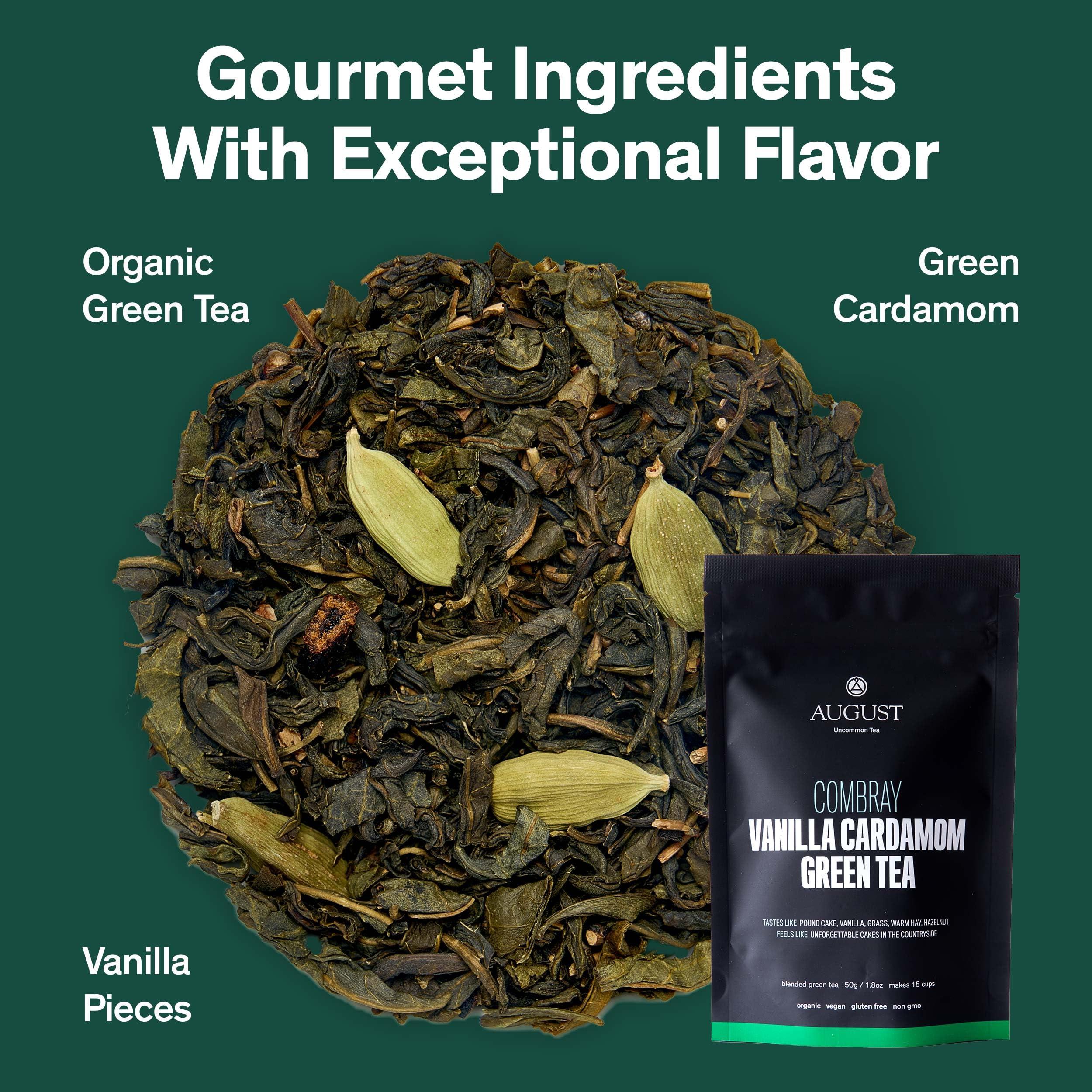 August Uncommon Tea August Uncommon Loose Leaf Tea Combray Vanilla Cardamom Organic Green Tea Hot & Iced Tea Natural 1.8 oz Bag (50g) makes 15-30 Cups