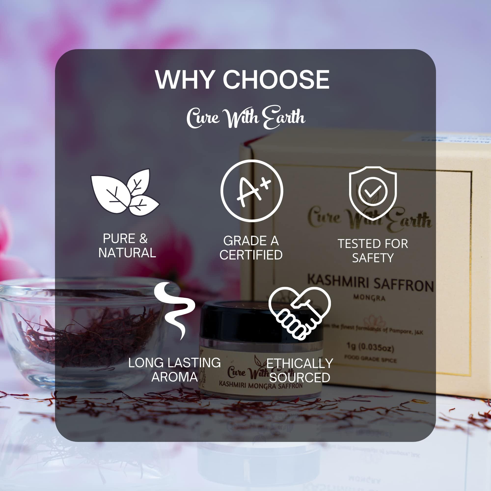 Cure With Earth Pure Kashmiri Mongra Saffron / Kesar / Keshar PACK OF 3 (1g each) | From the finest farmlands of Pampore, J&K, India | Tested and certified as Grade A