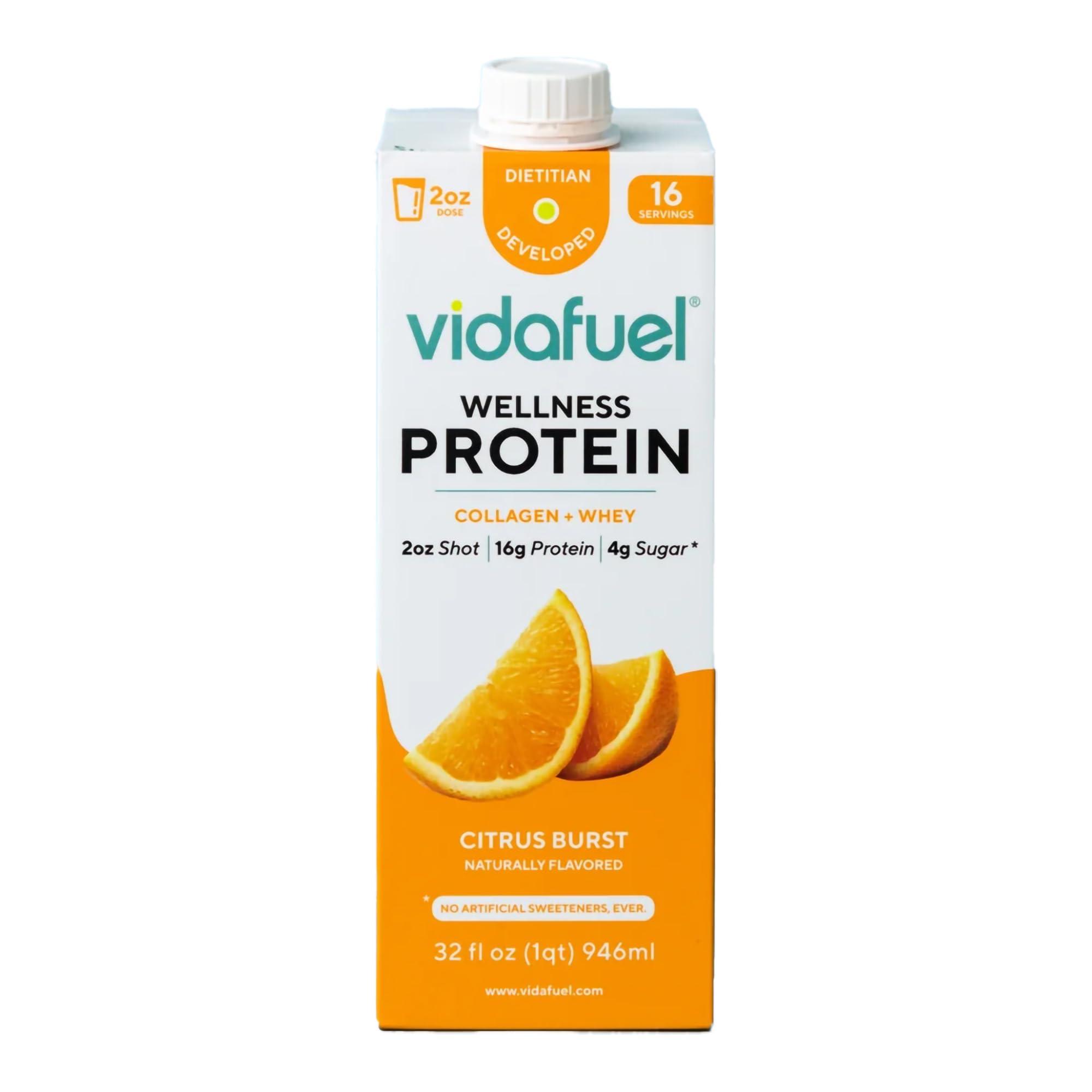 VIDAFUEL Vidafuel Protein Drink, 16g Protein Per 2oz Shot, 32 fl oz Carton, Citrus, Collagen and Whey Drink, No Artificial Sweeteners