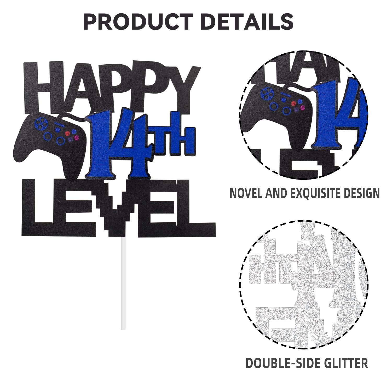 LQINBIBJ Video Game Cake Topper For Happy 14th Level Birthday Decoration - Glitter Happy 14th Birthday Video Game Cake Topper - Gamer Levle 14th Unlocked Birthday Party Cake Decorations