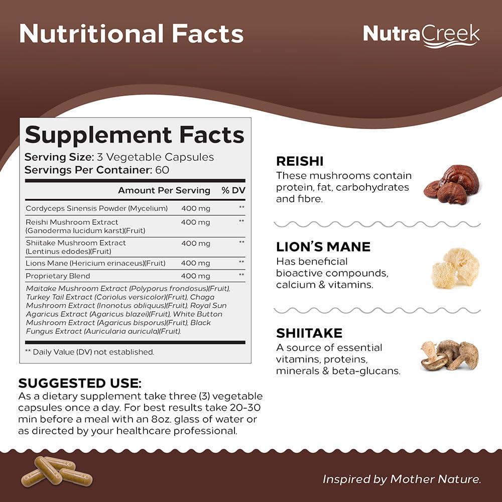 NutraCreek NutraCreek Mushroom Complex | Cordyceps Mushroom, Reishi, Shiitake, Maitake and Lions Mane Supplement. A 10-Mushroom Supplement to Support Your Mind and Body | 60 Mushroom Capsules