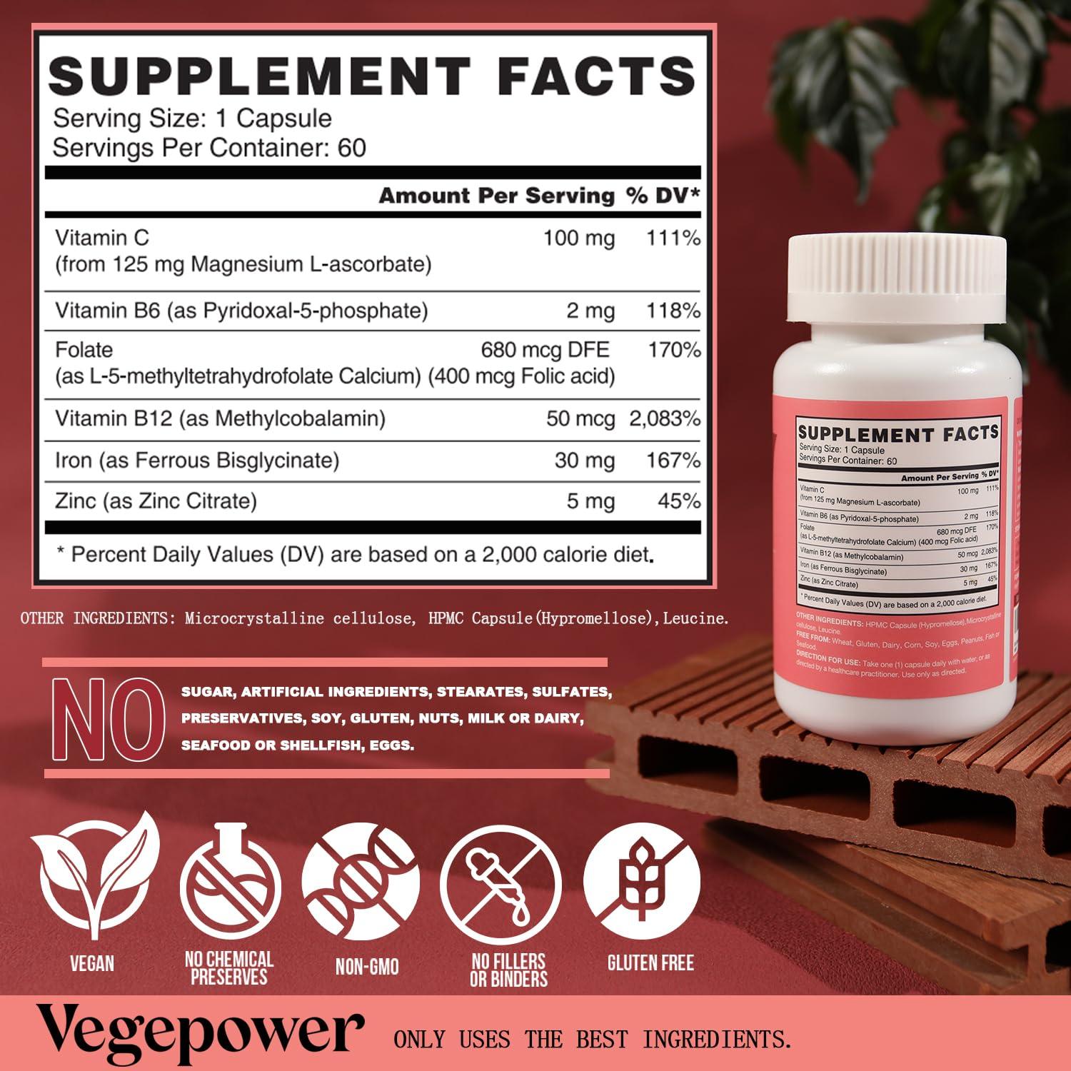 VEGEPOWER Iron Bisglycinate Supplement for Women & Men - 30mg Iron Pills with Vitamin C, B12, Folic Acid - Chelated Iron for Anemia, Blood Builder - High Absorption, Gluten-Free, Non-GMO - 60 Vegan Caps