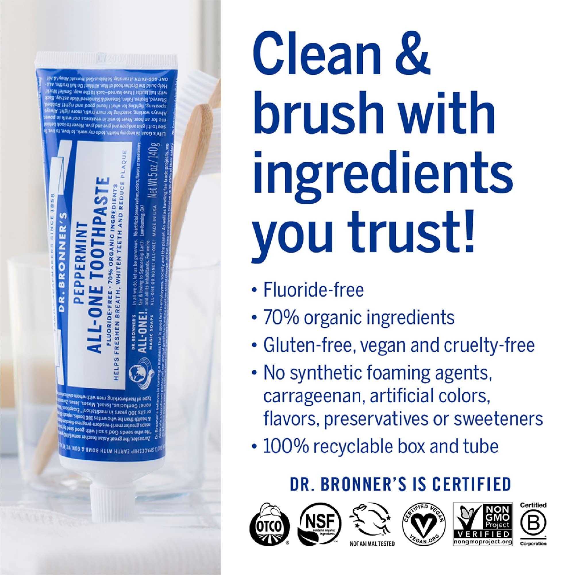 Dr. Bronner\'s Dr. Bronners - All-One Toothpaste Variety Pack - Peppermint & Spearmint, 70% Organic Ingredients, Fluoride-Free, Helps Freshen Breath, Vegan (5oz, 4-Pack)