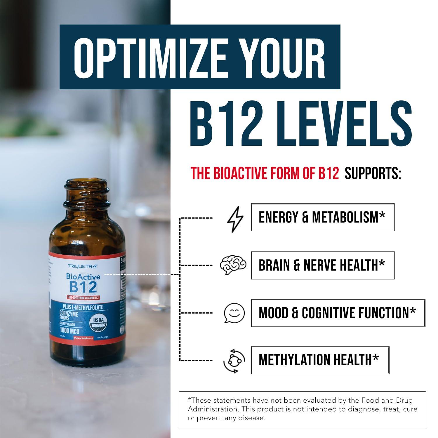 Triquetra Health Organic Vitamin B12 - 5000 mcg, 3 BioActive B12 Forms: Methyl B12, Adenosyl B12 & Hydroxy B12 - Plus L-Methylfolate Cofactor | Sublingual Form, Cherry Flavor, Vegan, Non-GMO (120 Servings - 2 Pack)