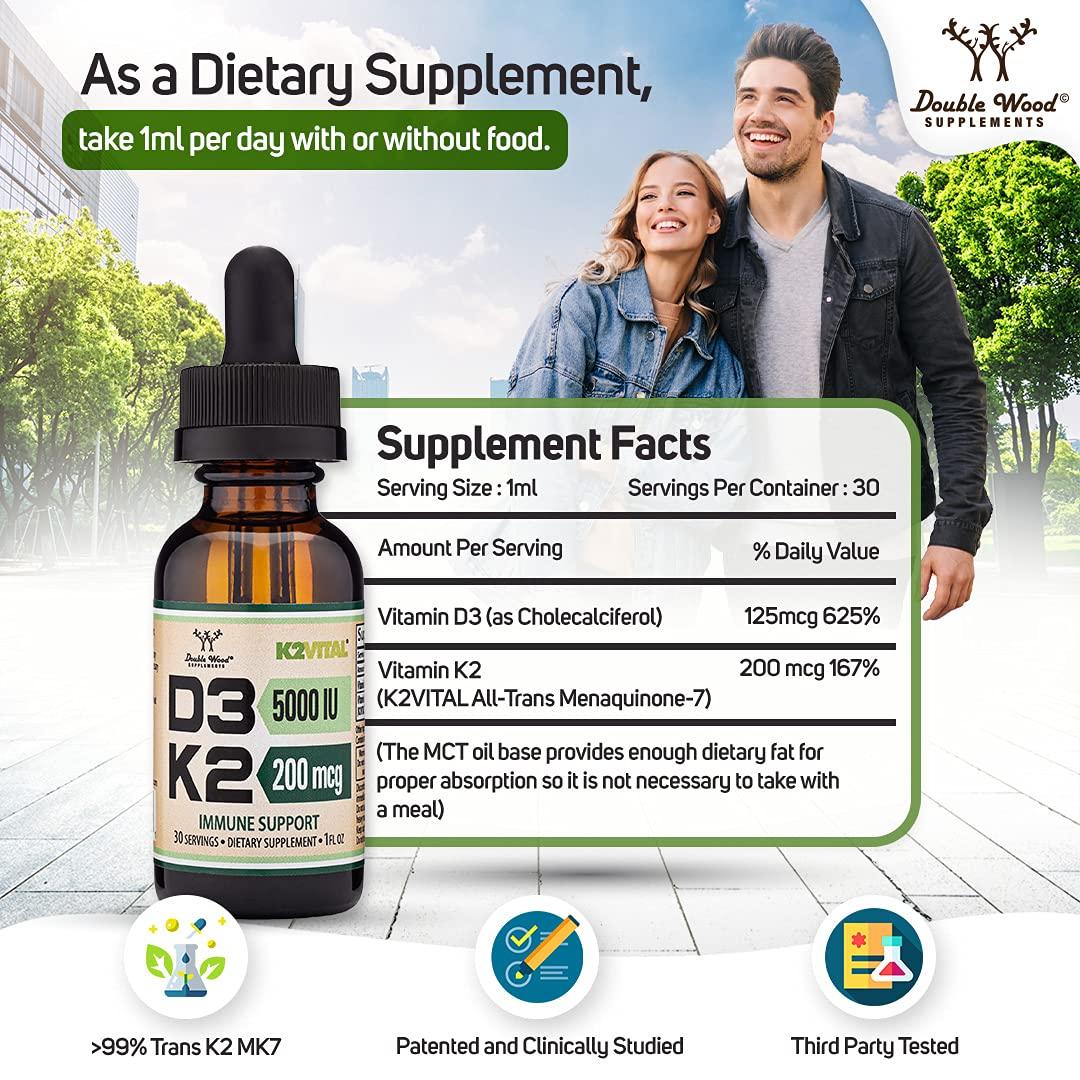 Double Wood Supplements Vitamin D3 K2 5,000 IU Liquid Drops (5,000 IU of D3 and 200mcg of 99.9% All-Trans Patented K2 MK-7 (K2Vital)) Max Absorption Liquid Vitamin D Drops (30 Servings) by Double Wood
