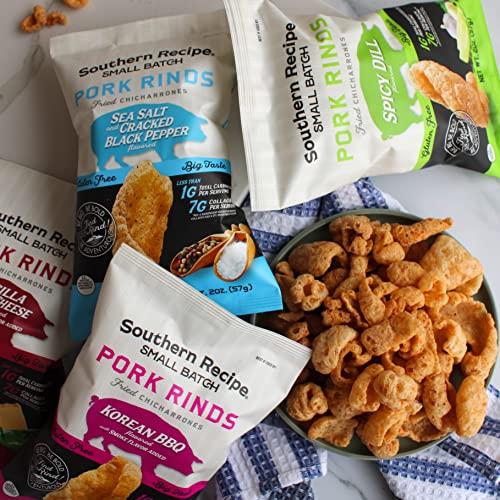 Southern Recipe Pork Rinds Variety Pack | Salt & Pepper, Korean BBQ, & Spicy Dill | Southern Recipe Small Batch Chicharrones | Keto Friendly & Low Carb | Snack Bag (18 Count)