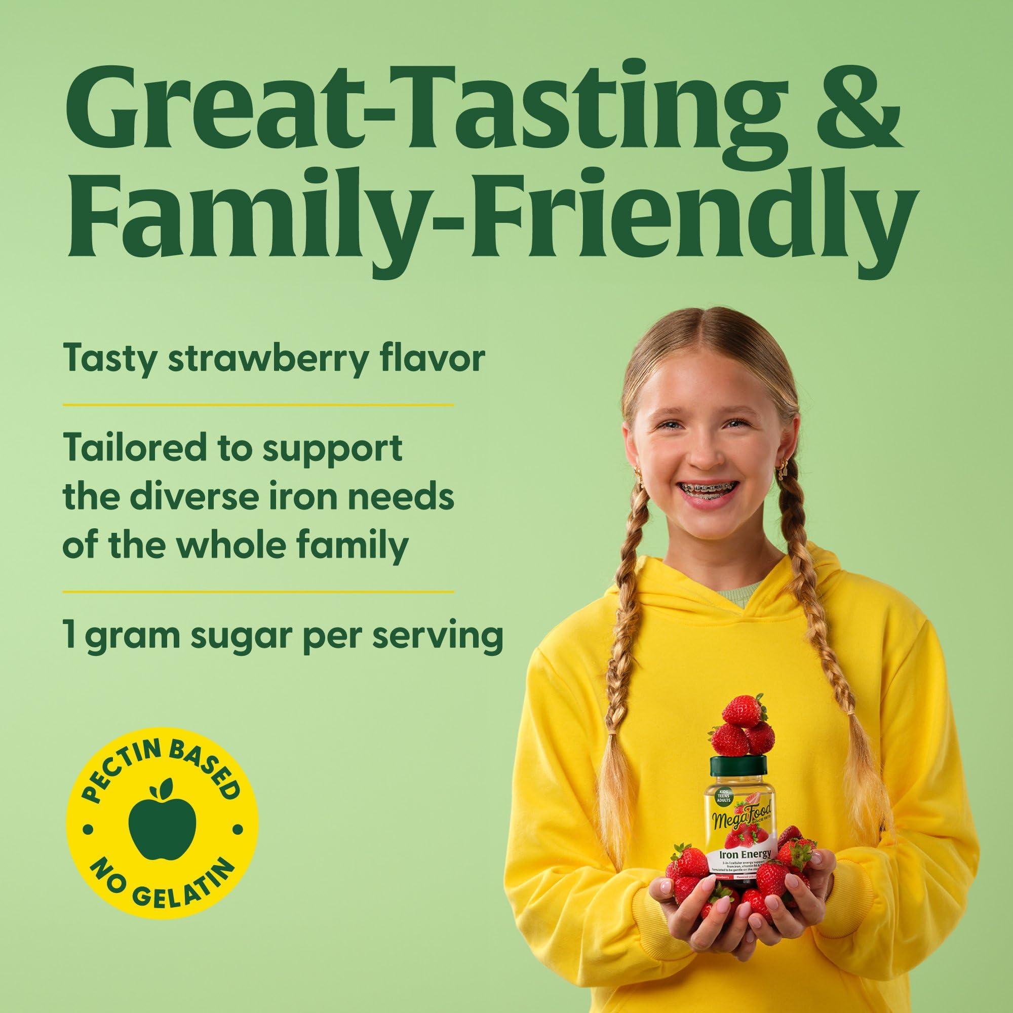 MegaFood MegaFood Iron Energy Gummies - Vegan & Gluten-Free Iron Supplement for Women, Men, Teens & Kids with Vitamin B12 & B6, from The Makers of Blood Builder Iron Supplement, Strawberry Flavor - 60 Gummies