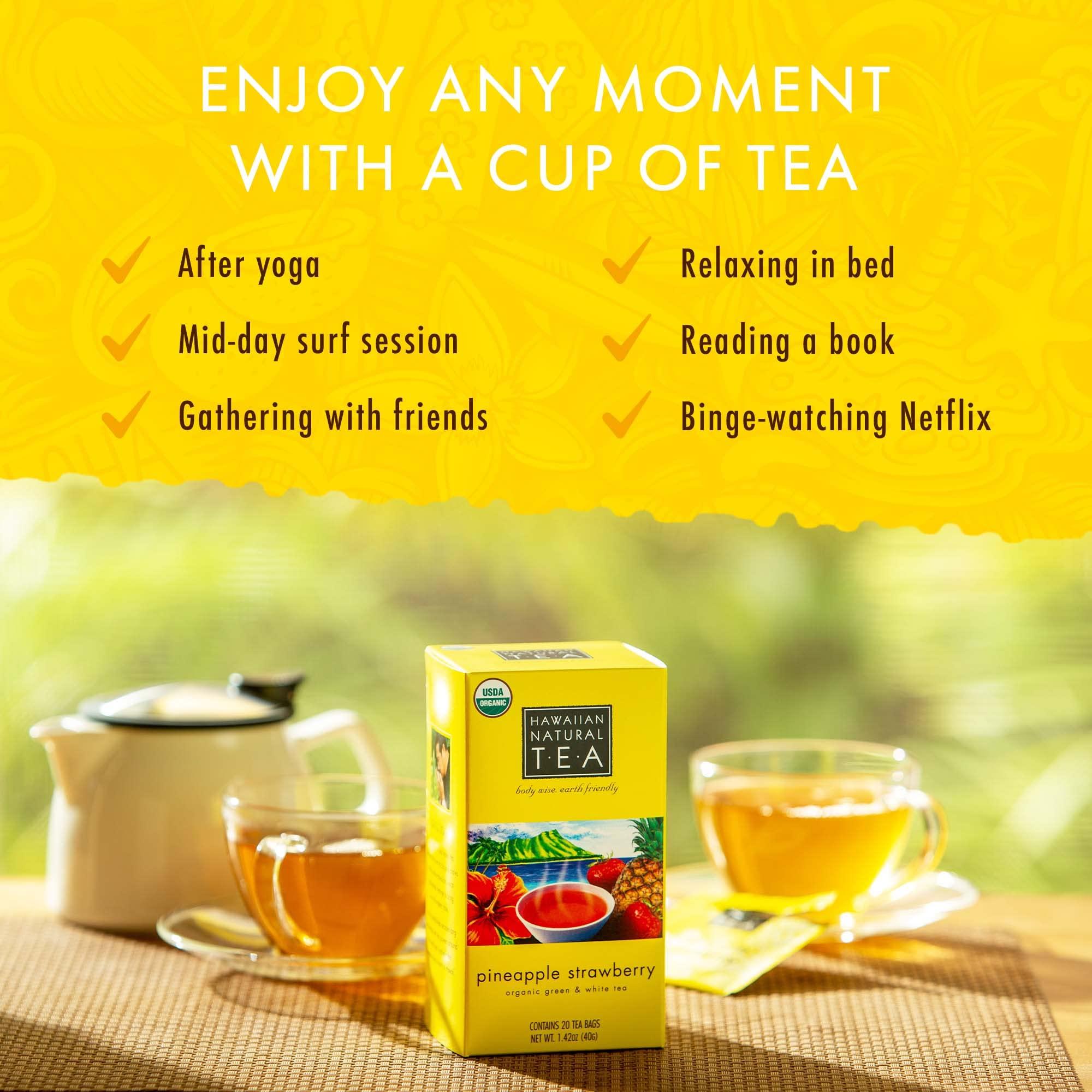 HAWAIIAN NATURAL T·E·A Hawaiian Natural Tea Pineapple Strawberry Flavored Organic Tea - Tropical Fruit Green Tea Blend with White Tea - Perfect Daily Cup & Gift for Tea Lovers - 20 Tea Bags