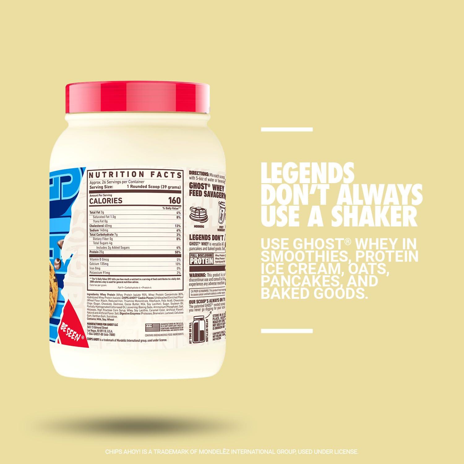 GHOST GHOST Whey Protein Powder, Chips Ahoy - 2LB Tub, 25G of Protein - Chocolate Chip Cookie Flavored Isolate, Concentrate & Hydrolyzed Whey Protein Blend