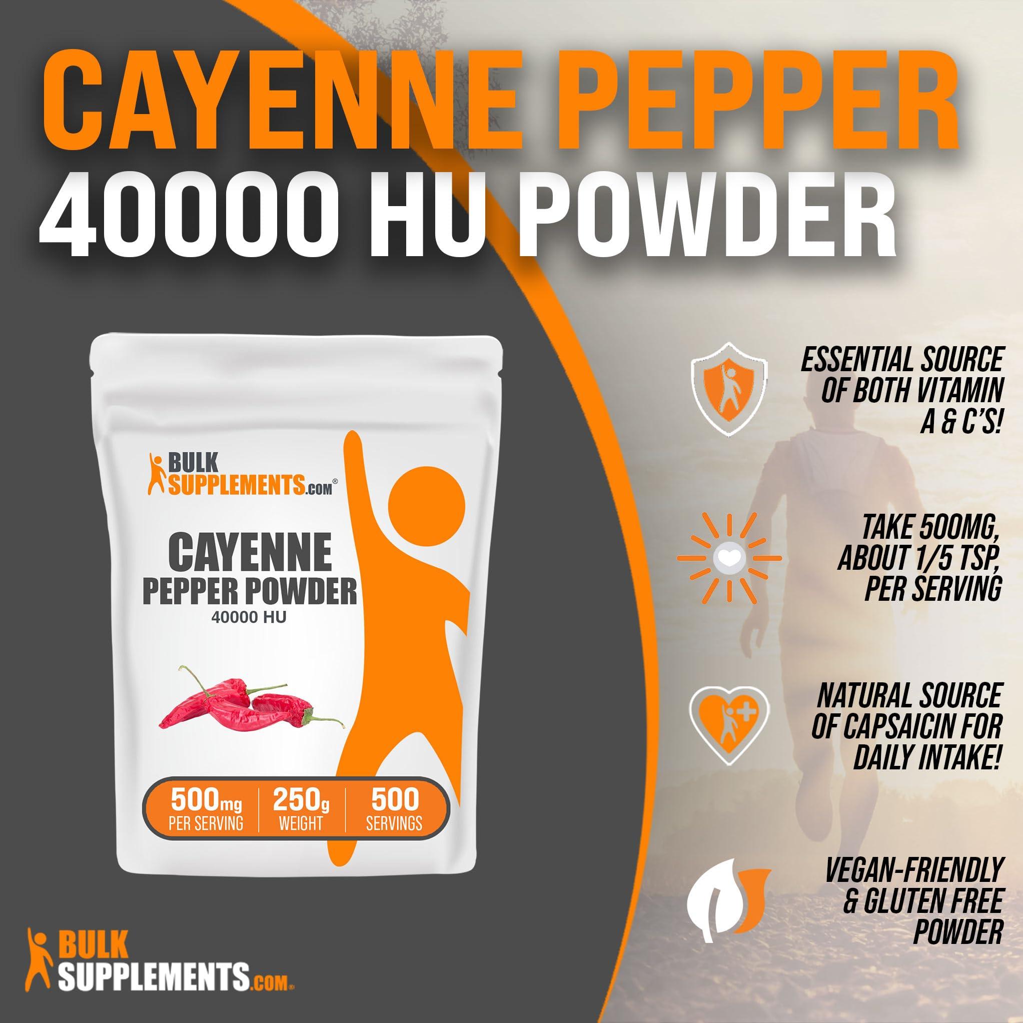 BULKSUPPLEMENTS.COM BulkSupplements.com Cayenne Pepper 40000 HU Powder - Capsaicin Supplements, Cayenne Pepper Supplements, Cayenne Pepper Powder - Capsicum Powder, Gluten Free, 500mg per Serving, 250g (8.8 oz)