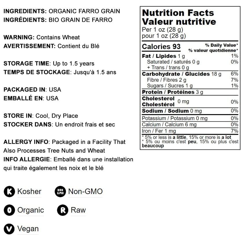 Food to Live Food to Live Organic Italian Pearled Farro, 8 Pounds Non-GMO, Kosher, Vegan, Whole Farro Grain in Bulk. Good Source of Fiber and Protein. Free of Sodium and Sugar