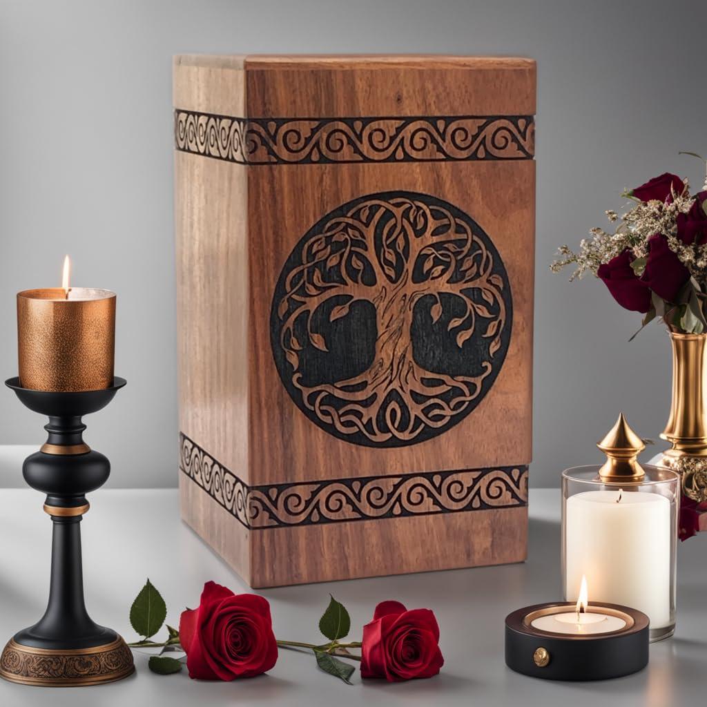Prime Art Prime Art Wooden Urns for Human Ashes Tree of Life Urns Cremation Urns for Adult Ashes Funeral Urns Wooden Pet Urn Wooden Urn Box (Tree of Life Black, (Small - 8\" Hx4.75 W (115 Cu/in))