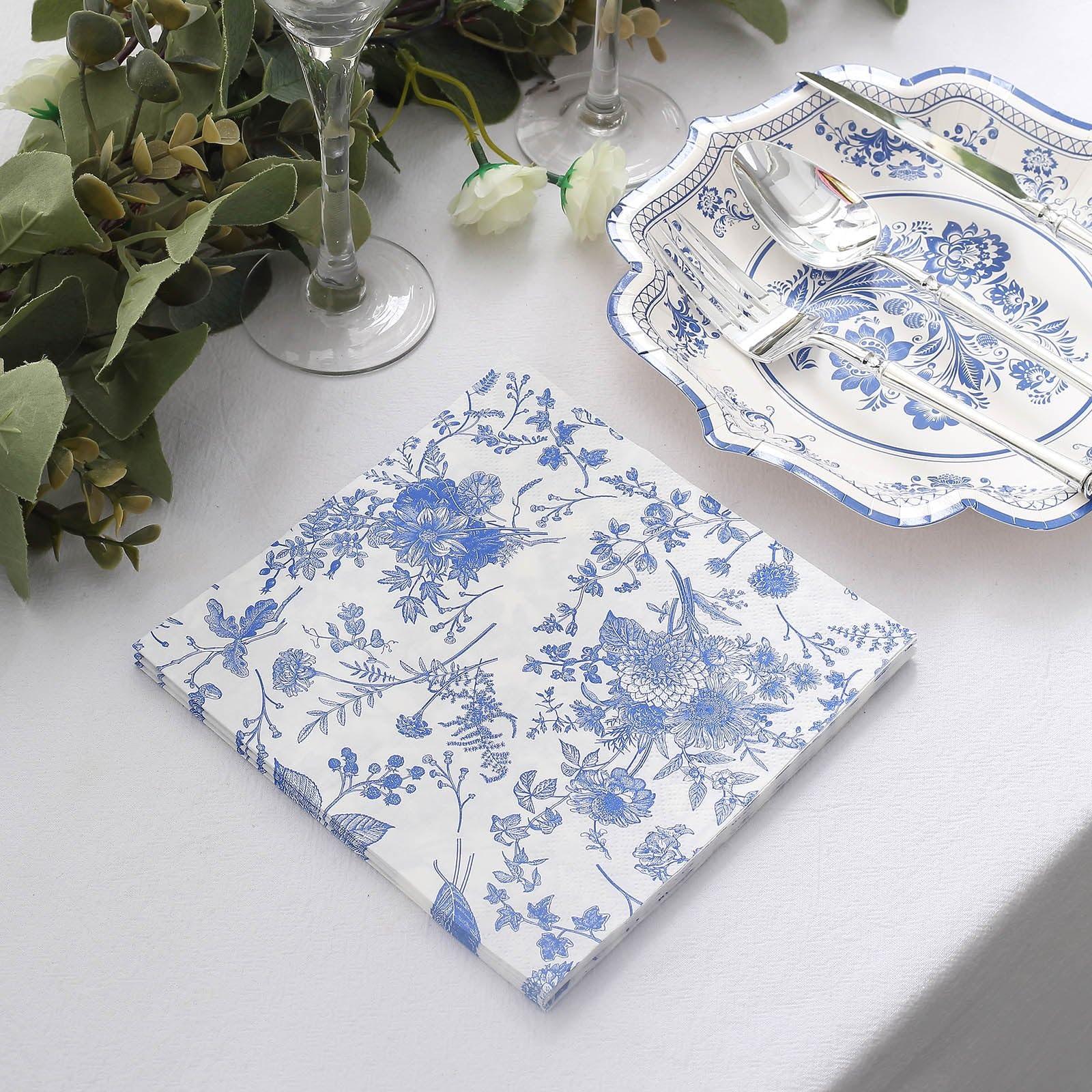 TABLECLOTHSFACTORY.COM Tableclothsfactory 20 Pack | White/Blue Chinoiserie Floral Print 2-Ply Paper Napkins, Disposable Dinner Napkins