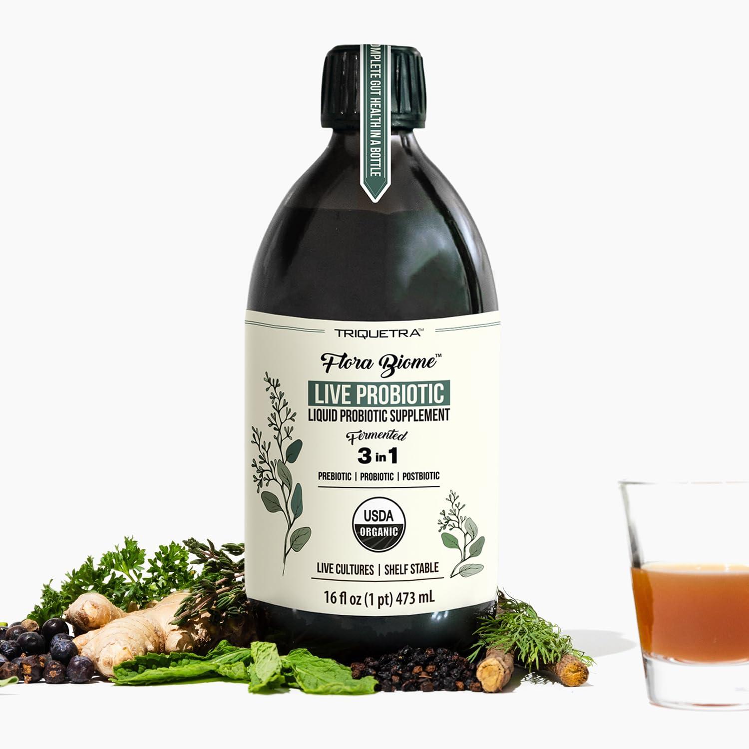 Triquetra Health Flora Biome - Live Probiotic, Prebiotic, & Postbiotic Organic Live-Culture 10 Probiotic Strains, 18 Fermented Herbs - Complete Gut Health & Microbiome Optimizer (16 oz)