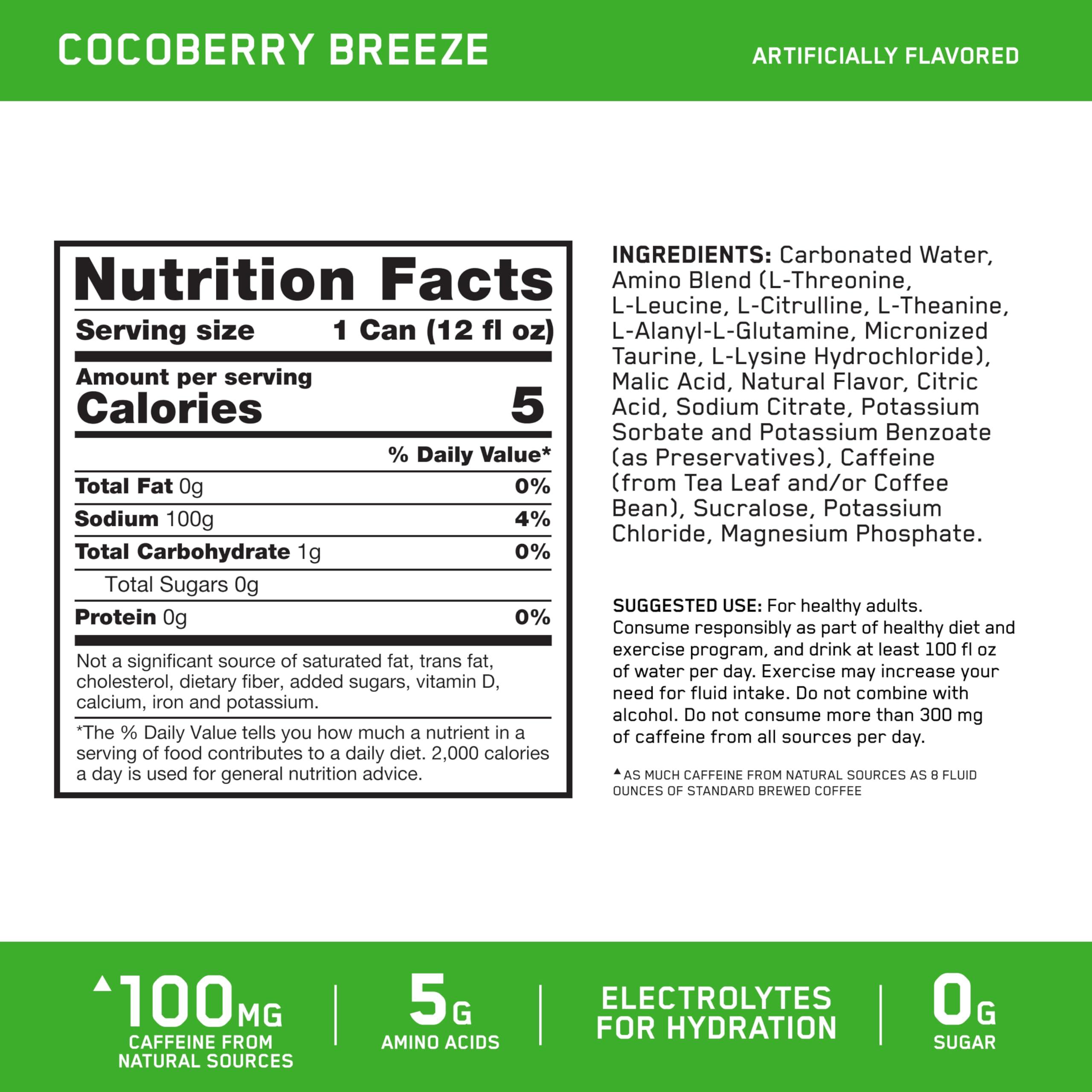 Optimum Nutrition Optimum Nutrition Amino Energy Sparkling Hydration Drink, Electrolytes, Caffeine, Amino Acids, BCAAs, Sugar Free, Cocoberry Breeze, 12 Fl Oz, 12 Pack (Packaging May Vary)