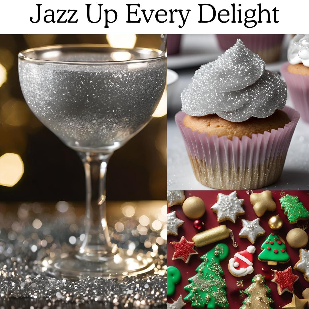 DAZZLE DUST (BULK10g) Silver Edible Glitter For Drinks, Silver Luster Dust Edible Glitter For Cakes, Silver Sprinkles For Cake Decorating, Edible Cake Decorations Drink Glitter 100% Food Safe, Vegan, Gluten Free