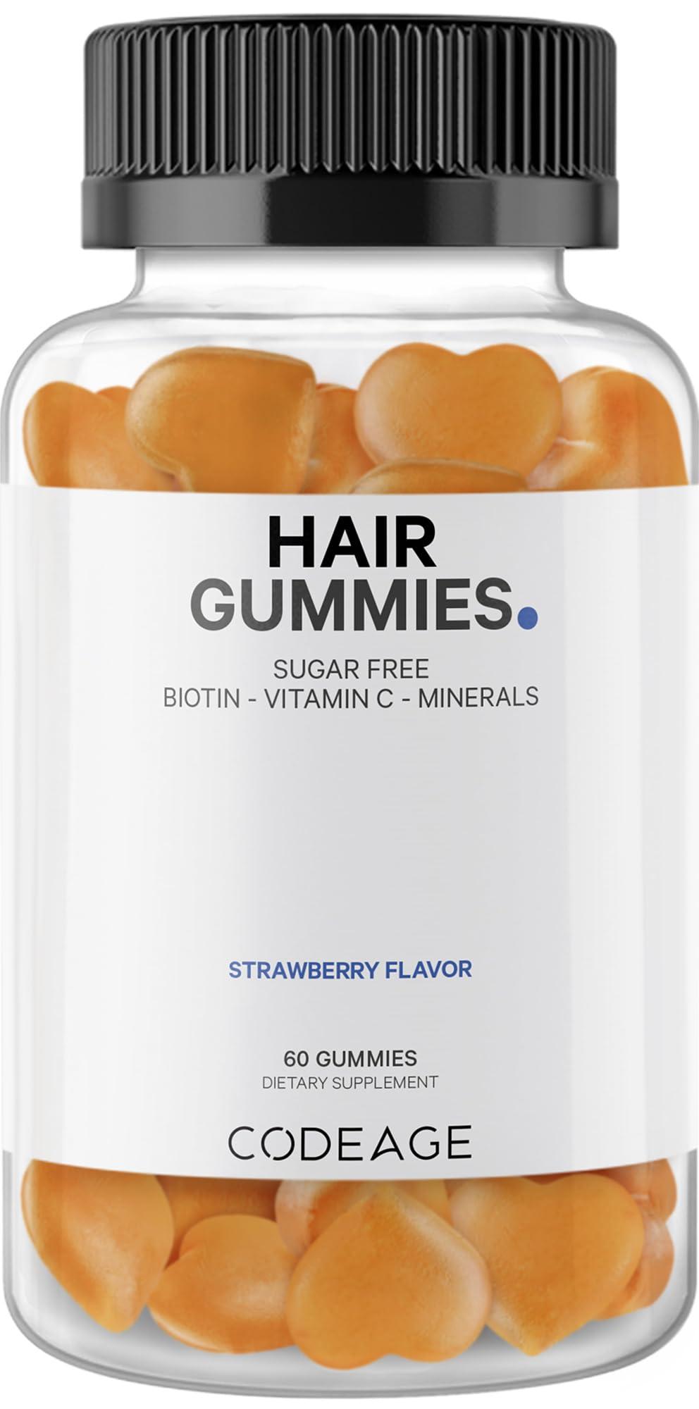 Codeage Codeage Hair Gummies, Biotin 5000 mcg, Sugar Free Growth Gummy Vitamins A, C, B6, B12, D3, Zinc, Inositol Supplement, Women & Men, Pantothenic Folic Acid, Nails, Skin, Strawberry Coconut Flavor, 60 ct